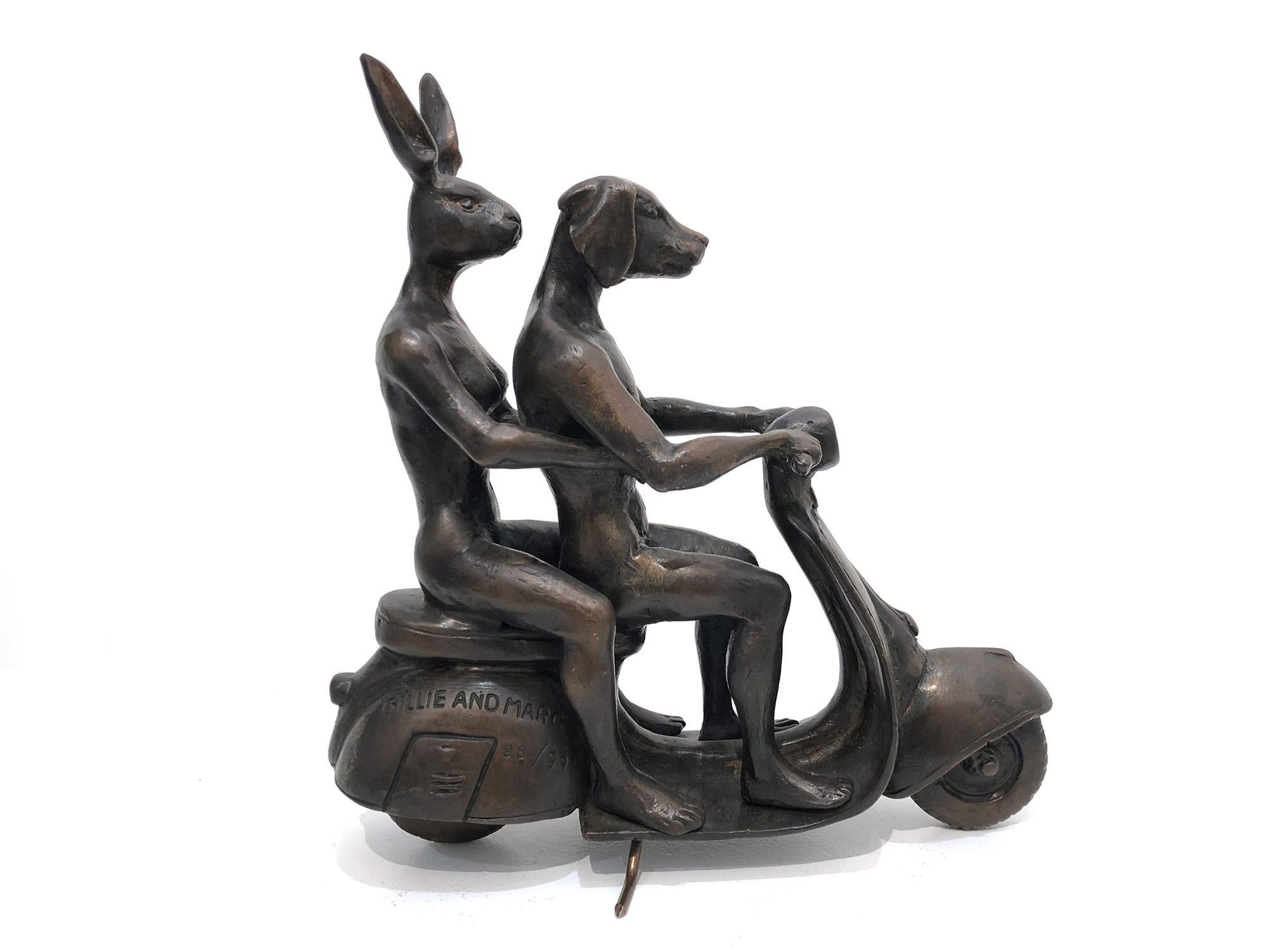 A whimsical yet very strong piece depicting the two figures from Gillie and Marc's iconic figures of the Dog/Bunny Human Hybrid, which has picked up much esteem across the globe. Here we find the figures riding on a Vespa as they embrace. This piece