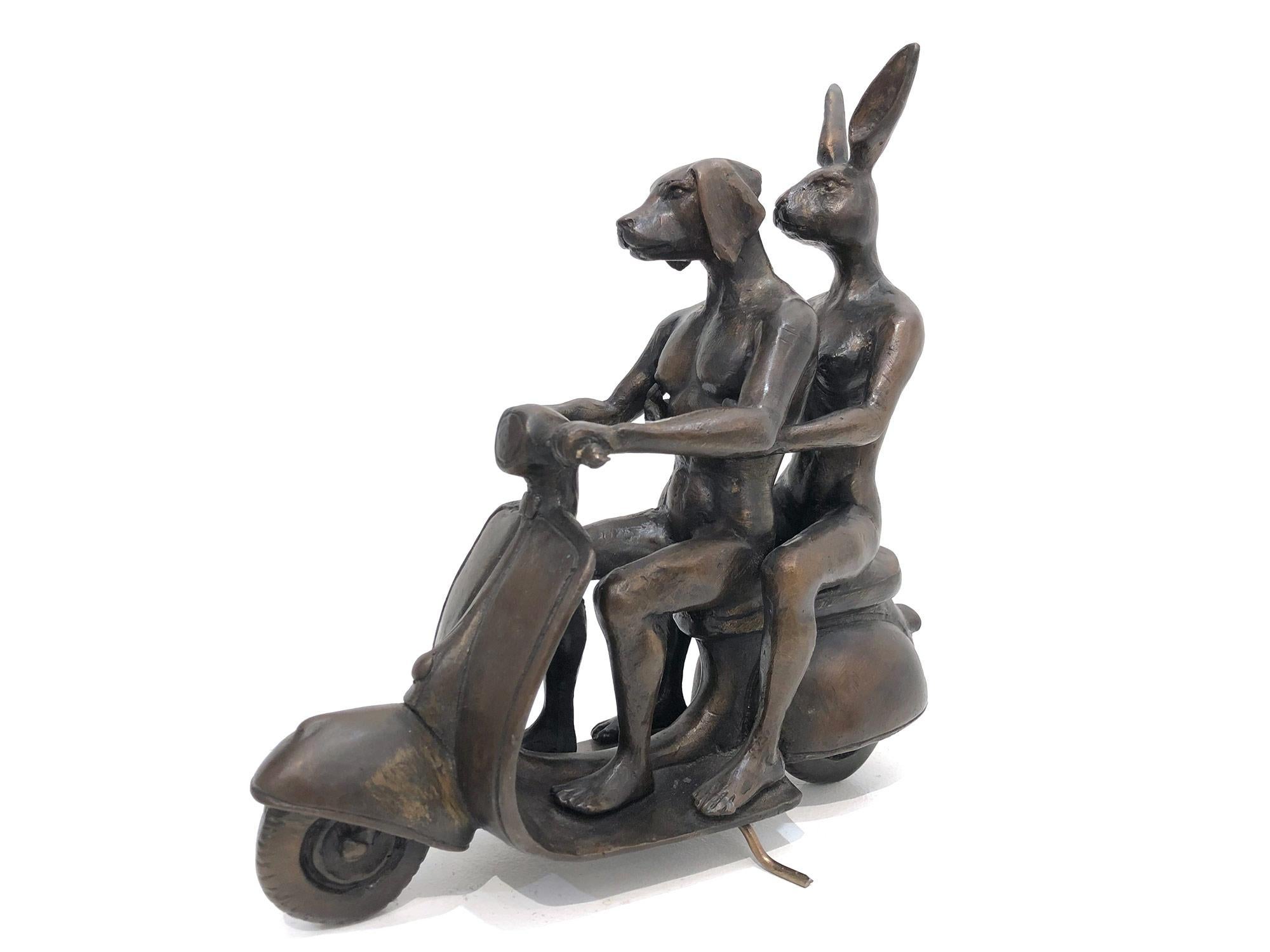 Gillie and Marc Schattner Abstract Sculpture - They were the Authentic Vespa Riders in Rome (Bronze with Deep Bronze Patina)