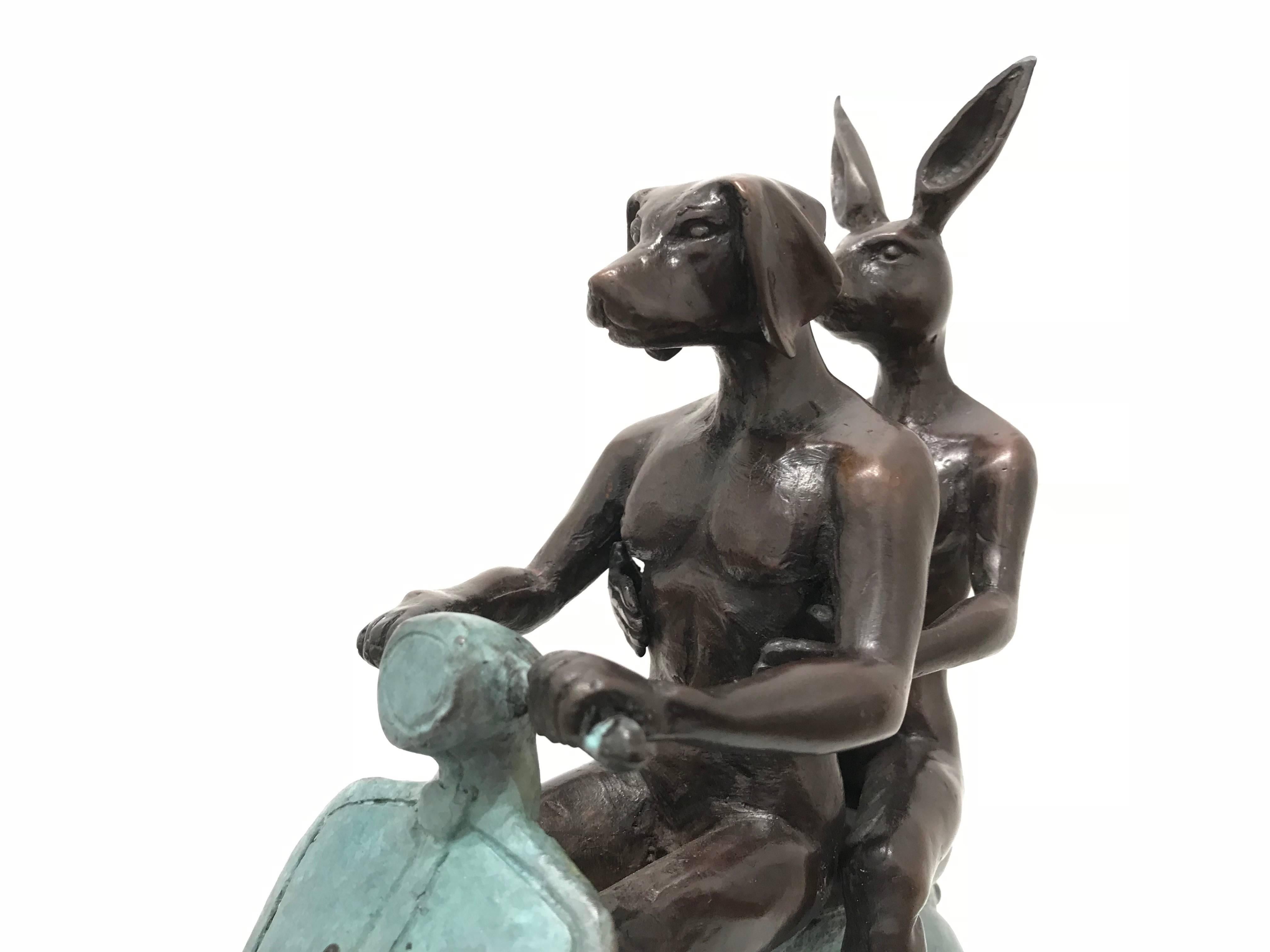 A whimsical yet very strong piece depicting the two figures from Gillie and Marc's iconic figures of the Dog/Bunny Human Hybrid, which has picked up much esteem across the globe. Here we find the figures riding on a Vespa as they embrace. This piece