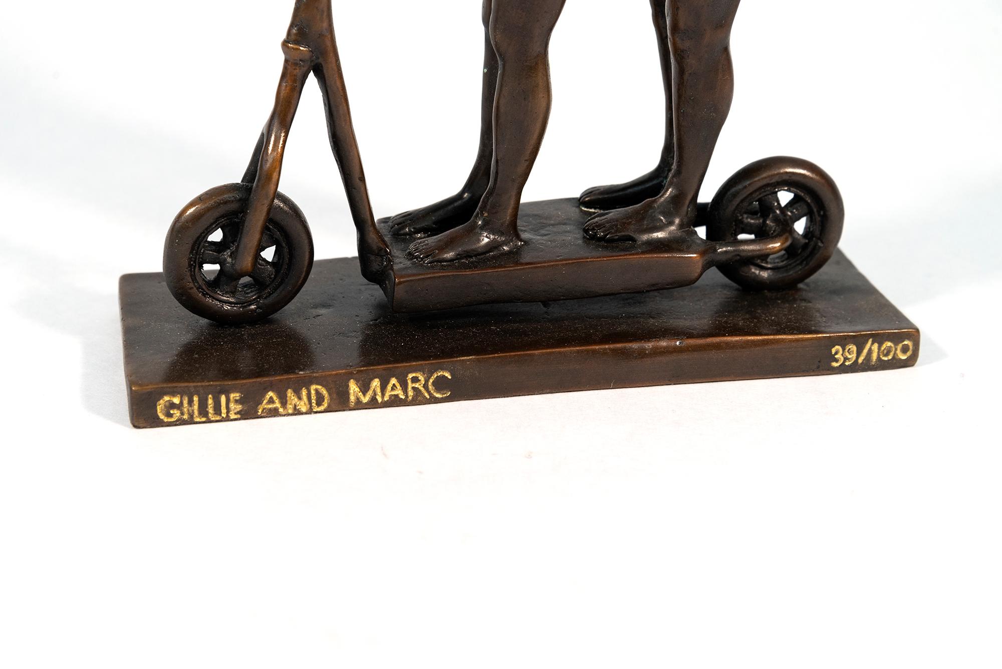 They zig-zagged in harmony 39/100 - contemporary, figurative, bronze sculpture - Gold Figurative Sculpture by Gillie and Marc Schattner
