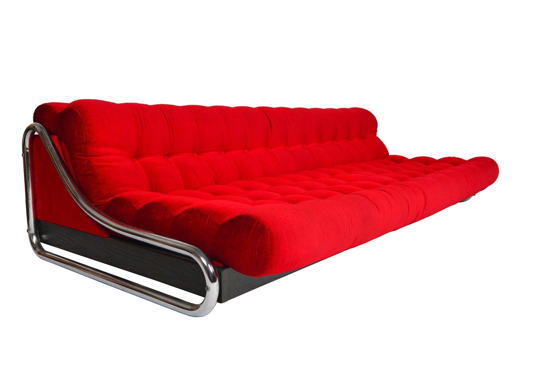 Swedish Gillis Lundgren Crimson Velvet and Chrome Sofa