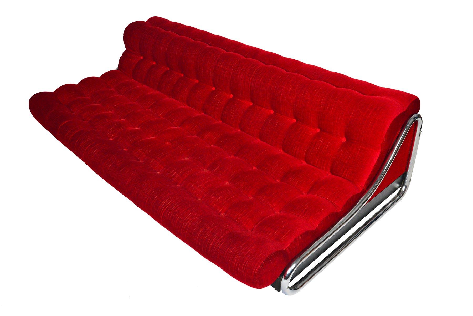 Gillis Lundgren Crimson Velvet and Chrome Sofa 2