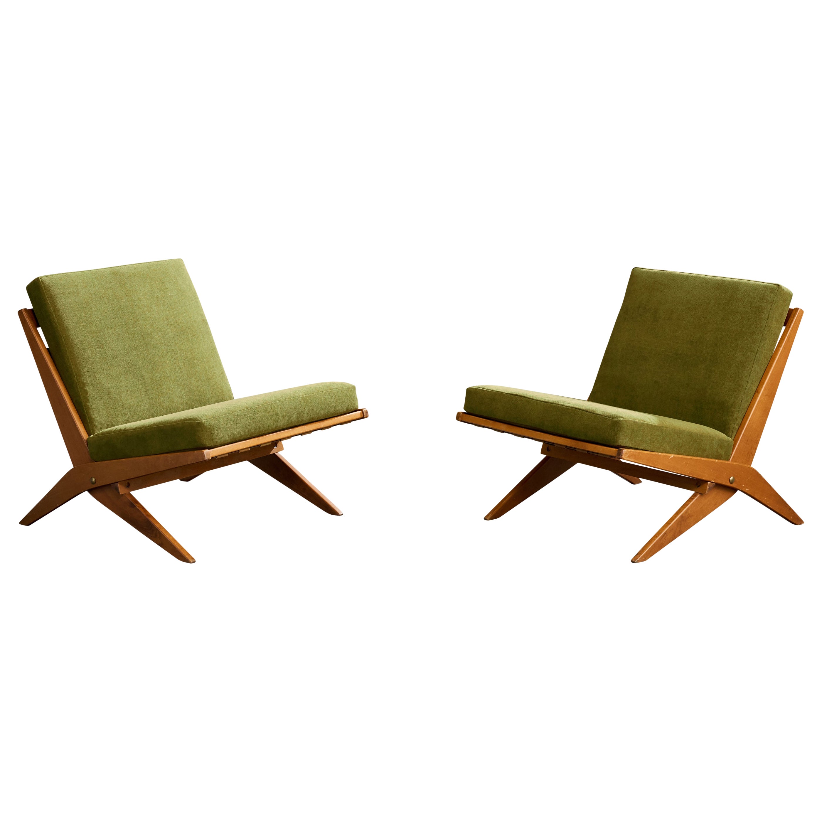 Gillis Lundgren, Lounge Chairs, Wood, Fabric, Sweden, 1956