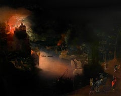 16th century Flemish Old Master painting - Scene of fire and war at night 