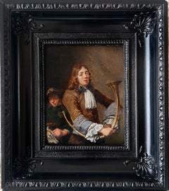 Gentleman gearing up for a hunt with his dog - 17th century Flemish Old Master