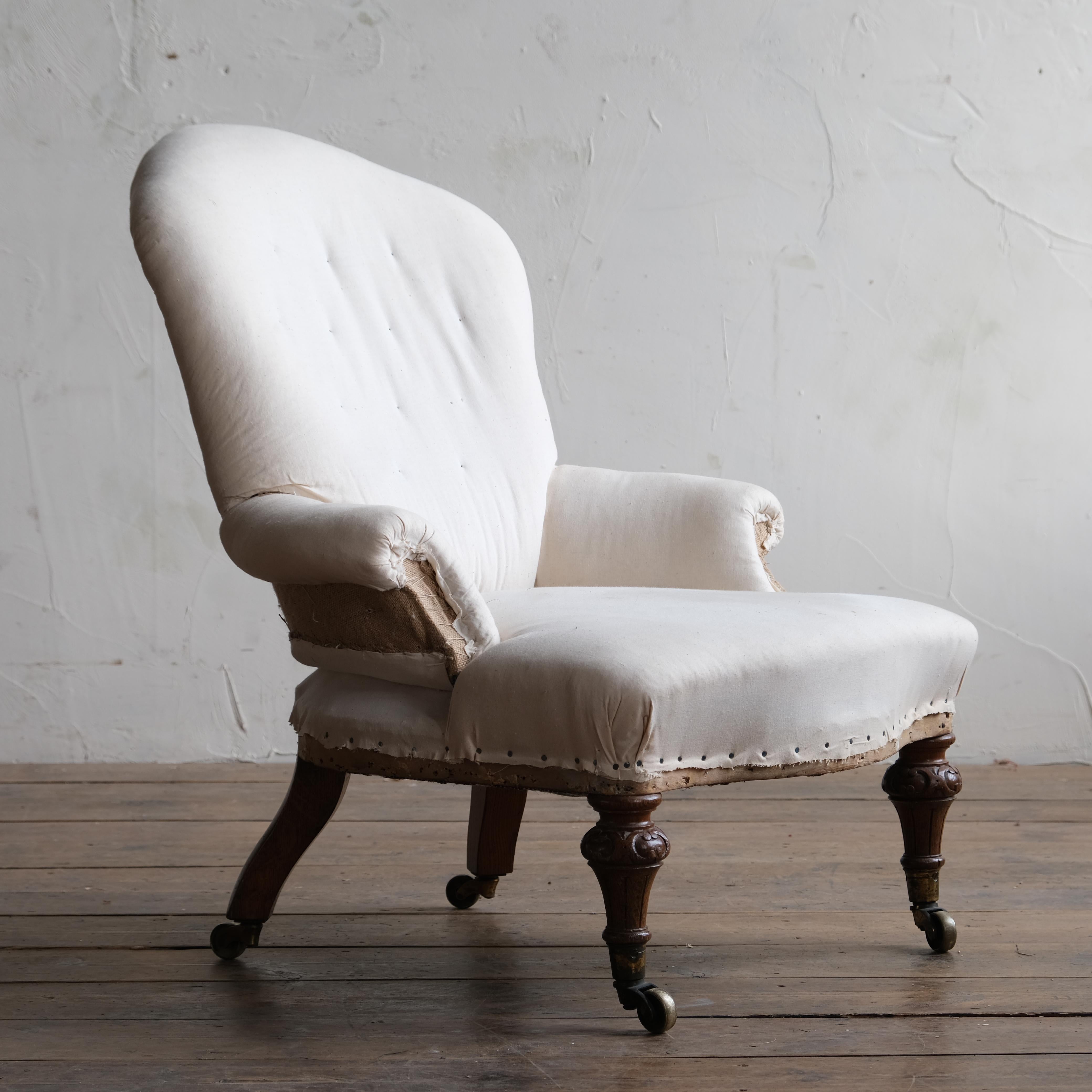A good quality Gillows iron back nursing chair. Raised on oak turned front legs and all raised on the original Cope & Collinson Strong patent casters. English, circa 1860

Although unstamped this chair is almost certainly by Gillows

Stripped