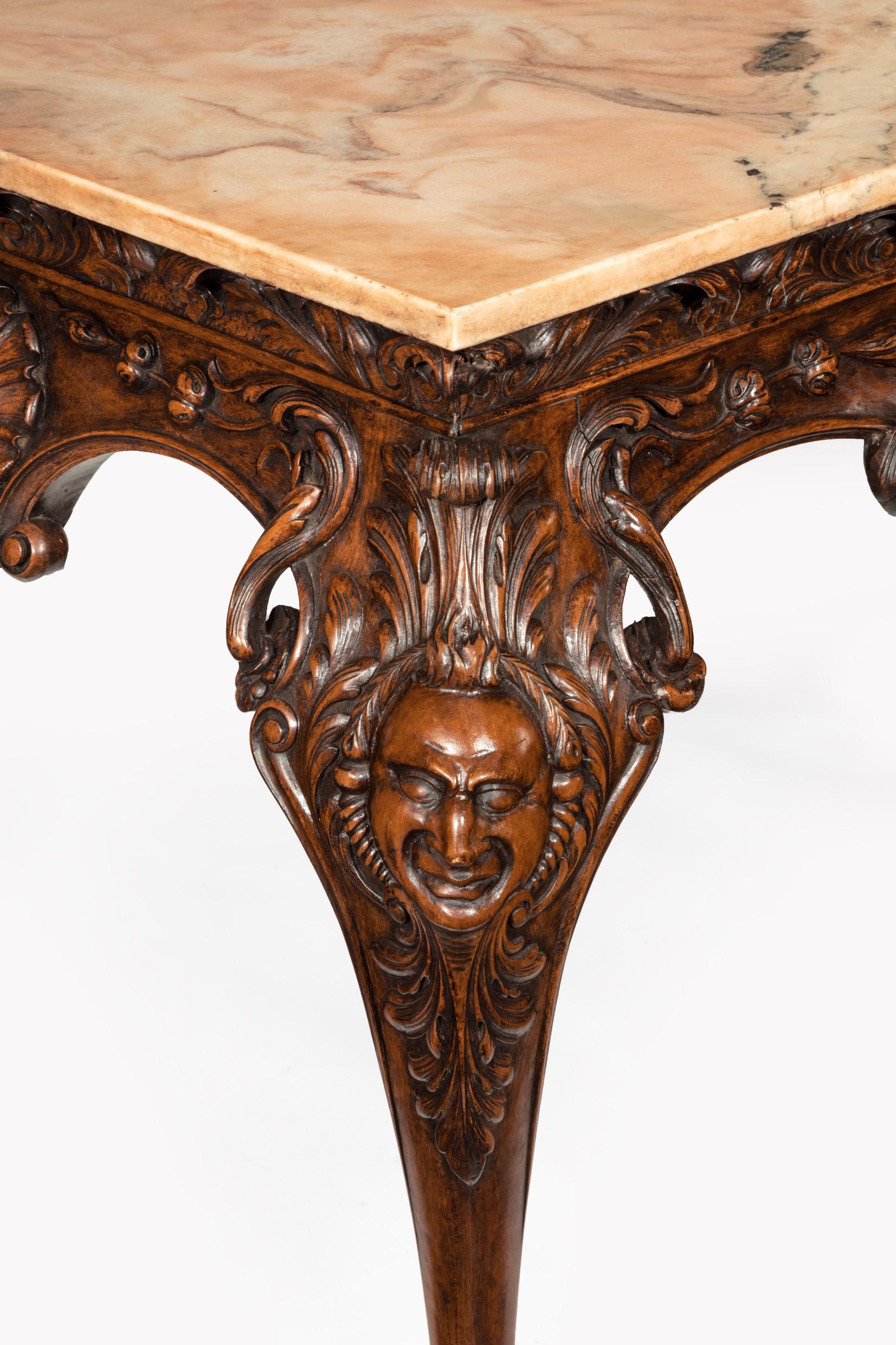 Rococo Revival Gillows 19th Century Walnut Carved Centre Console Table with Marble Top