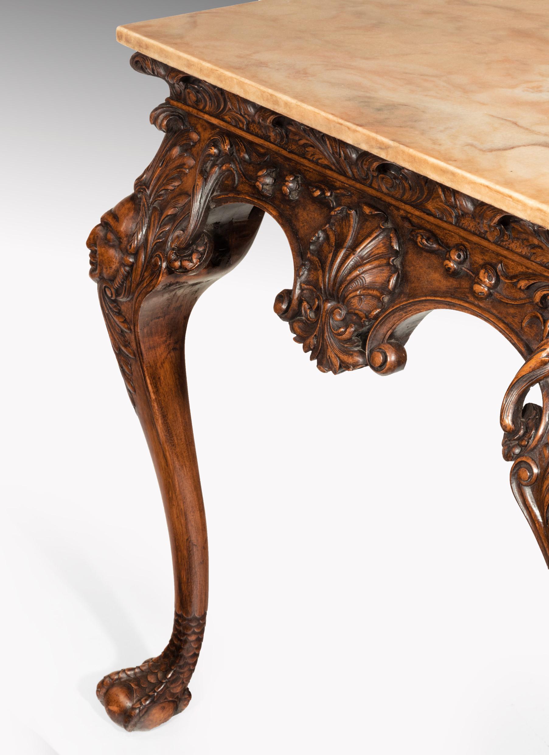 English Gillows 19th Century Walnut Carved Centre Console Table with Marble Top