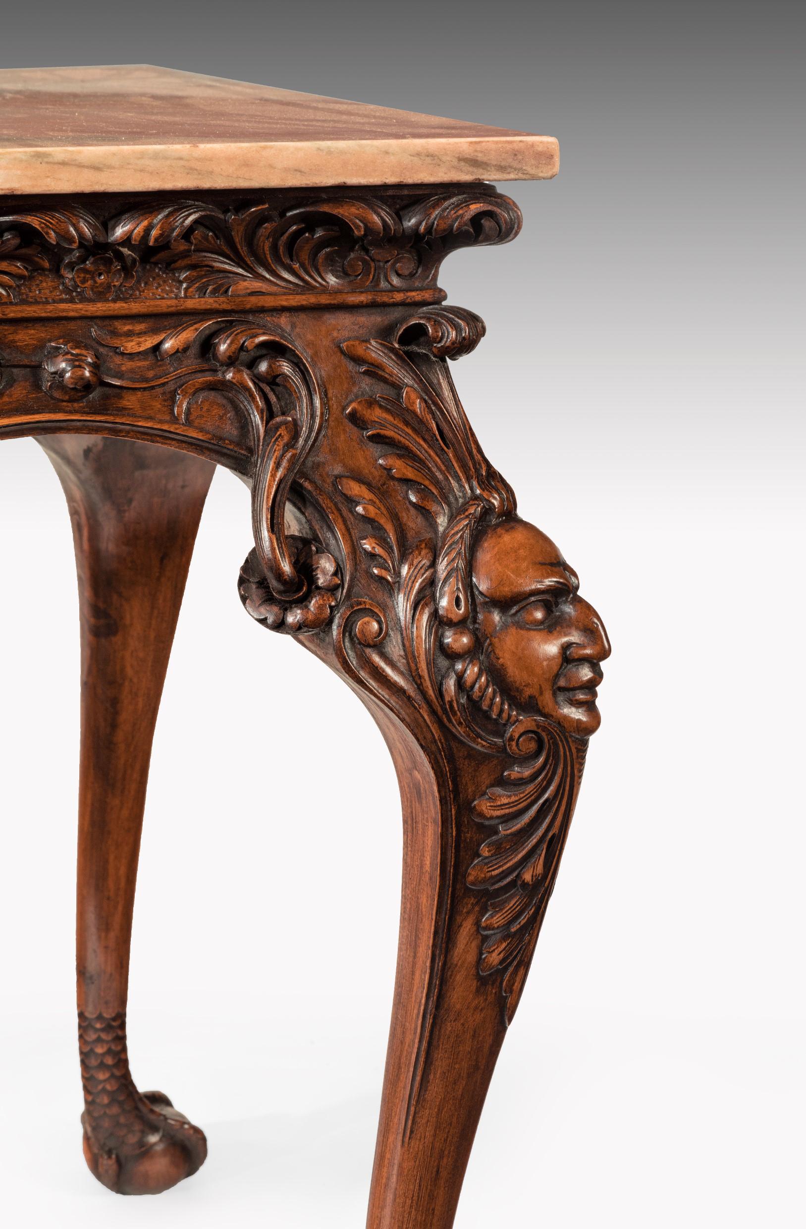 Mid-19th Century Gillows 19th Century Walnut Carved Centre Console Table with Marble Top