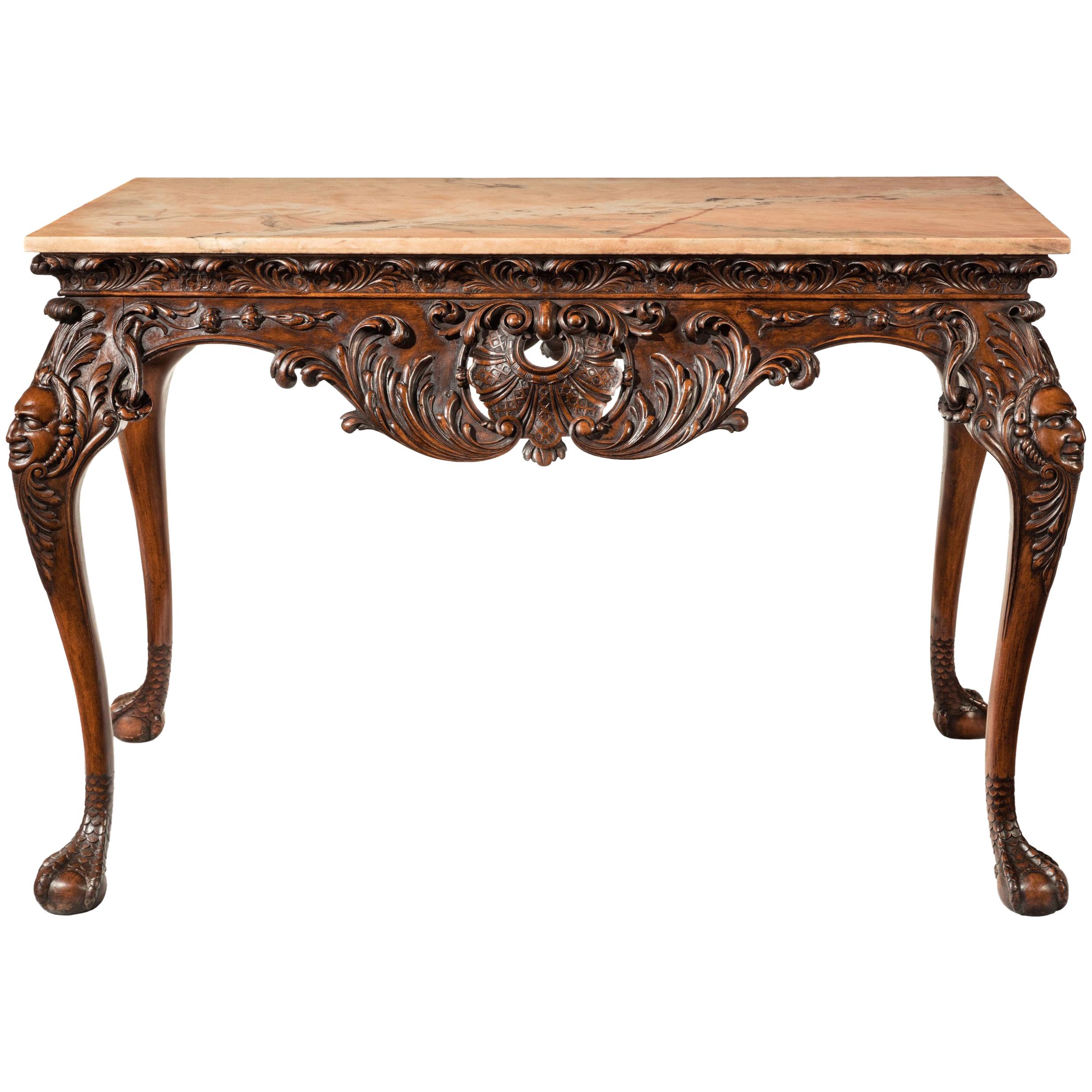 Gillows 19th Century Walnut Carved Centre Console Table with Marble Top