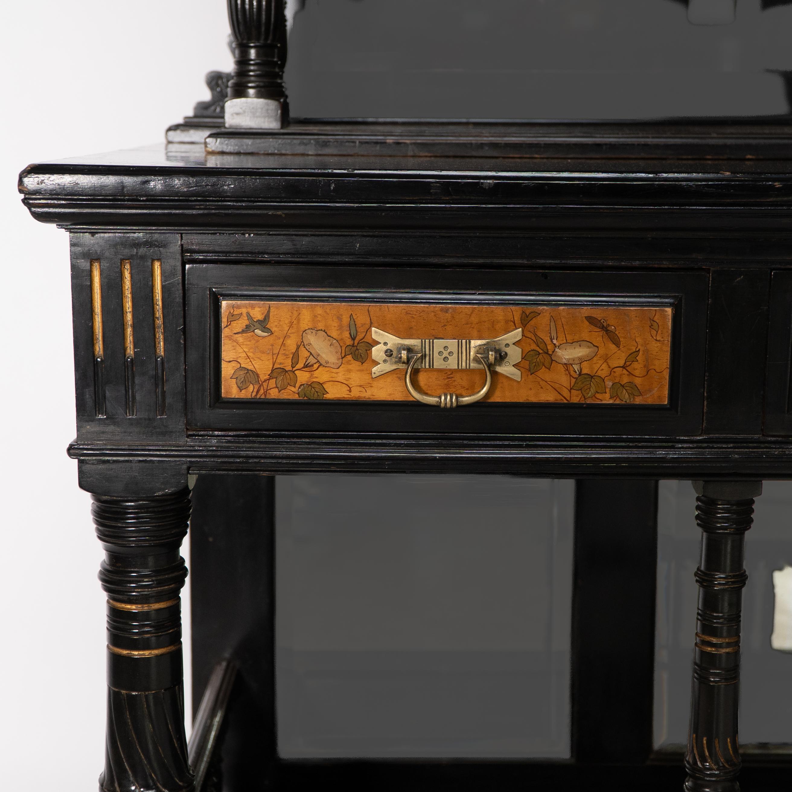 Gillows. A fine Aesthetic Movement side cabinet with hand painted floral panels For Sale 5