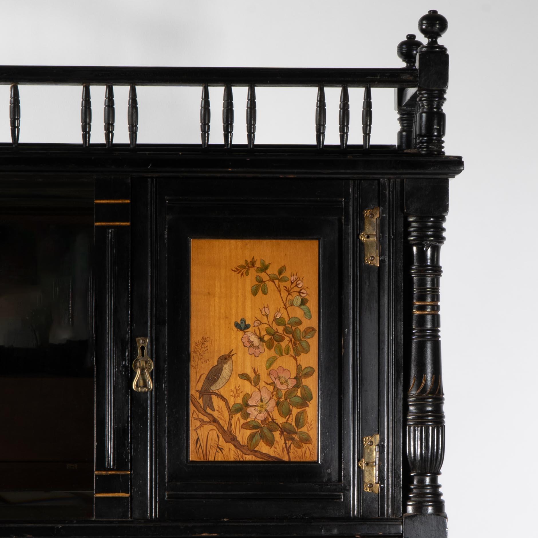 Gillows. A fine Aesthetic Movement side cabinet with hand painted floral panels For Sale 1