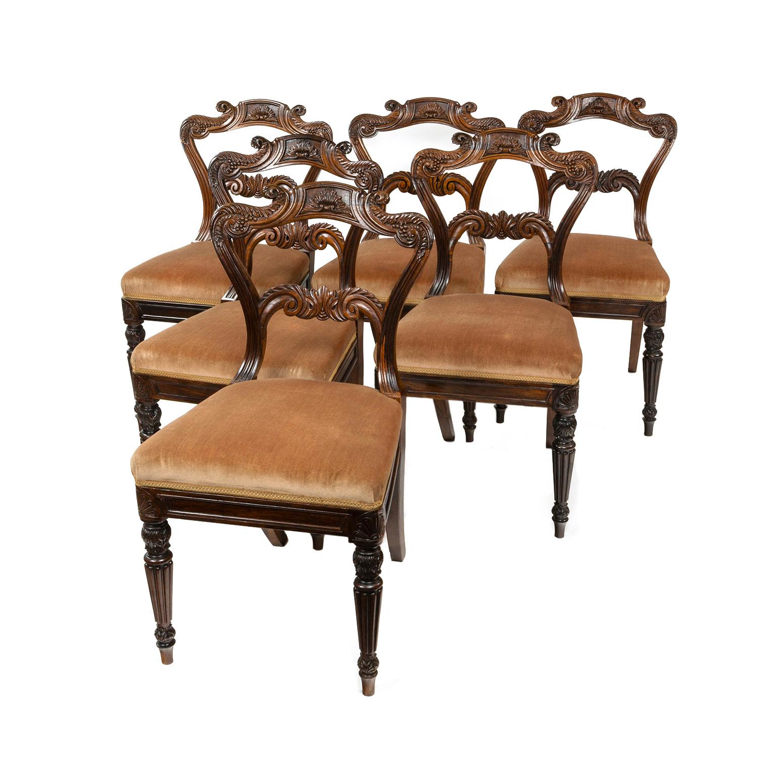 This set of chairs are by one of England's best cabinet makers, Gillows of Lancaster and London, this set of chairs is of quality with carving to the top of the front chair legs, the back and top rails.

Gillows of Lancaster and London, also known
