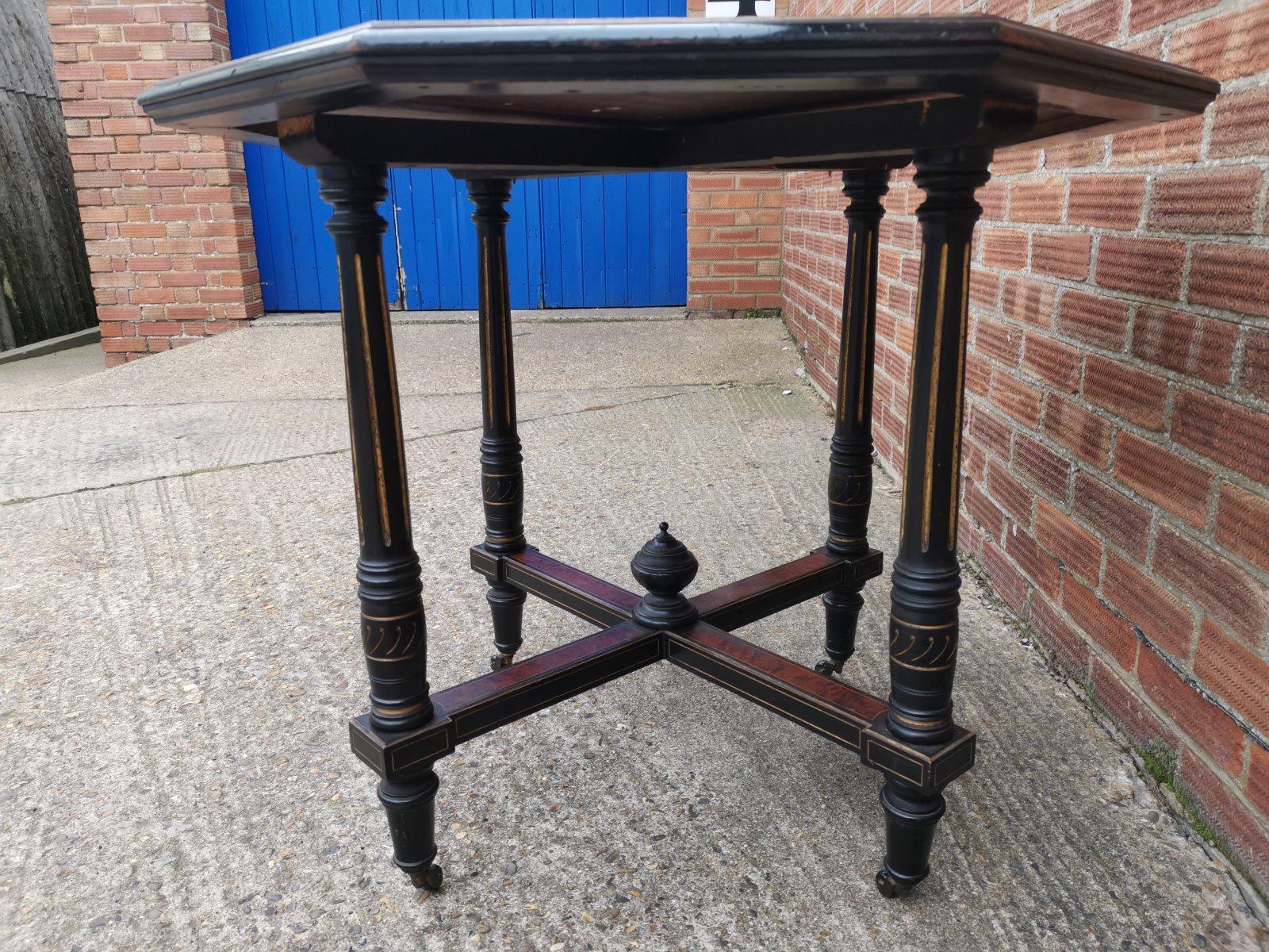 Late 19th Century Gillows attr, Aesthetic Movement Ebonized Mahogany Centre Table with Amboyna top For Sale