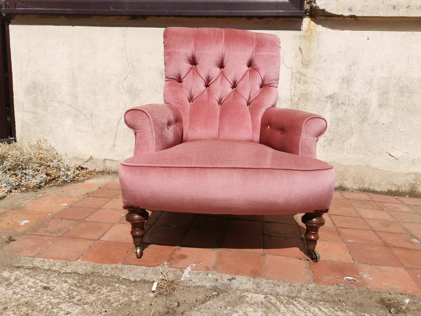 Turned Gillows, English Victorian Pink Upholstered Button Back Fireside Armchair