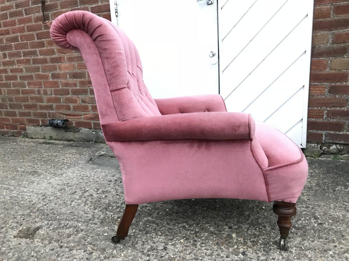 Gillows, English Victorian Pink Upholstered Button Back Fireside Armchair 5