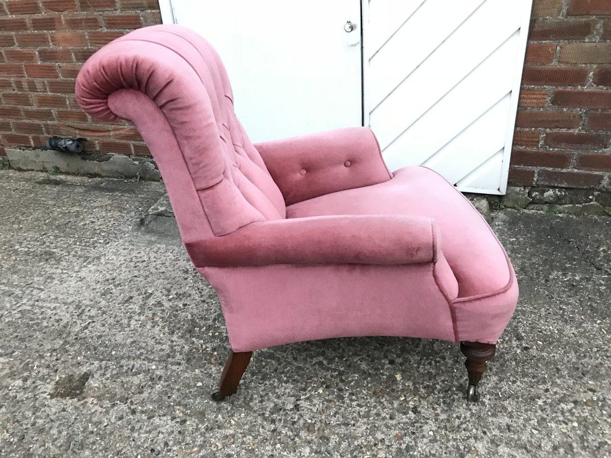 Gillows, English Victorian Pink Upholstered Button Back Fireside Armchair 6