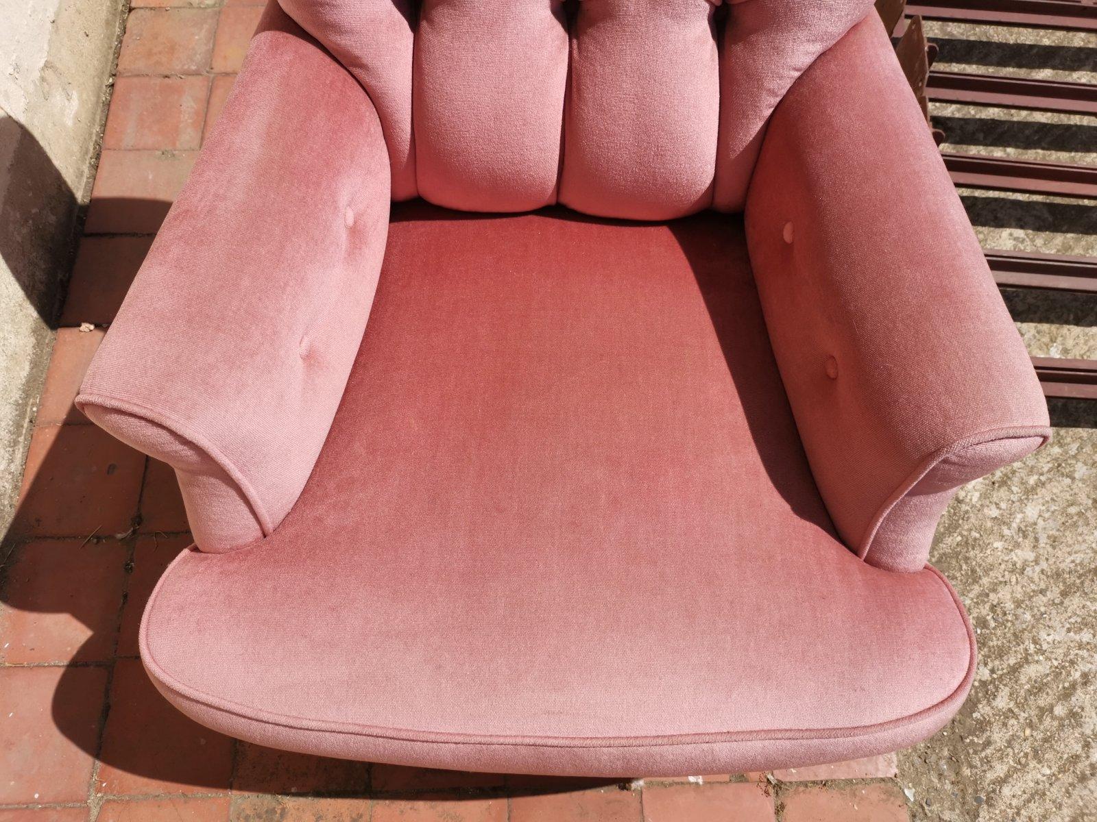 Late 19th Century Gillows, English Victorian Pink Upholstered Button Back Fireside Armchair