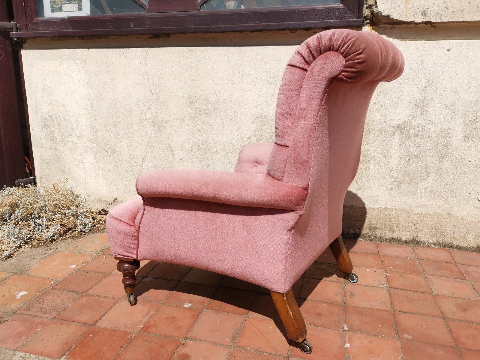 Walnut Gillows, English Victorian Pink Upholstered Button Back Fireside Armchair