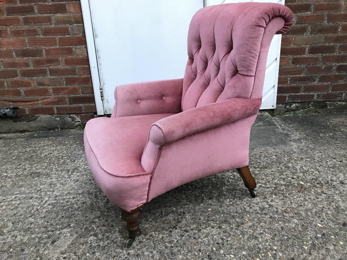 Gillows, English Victorian Pink Upholstered Button Back Fireside Armchair 4