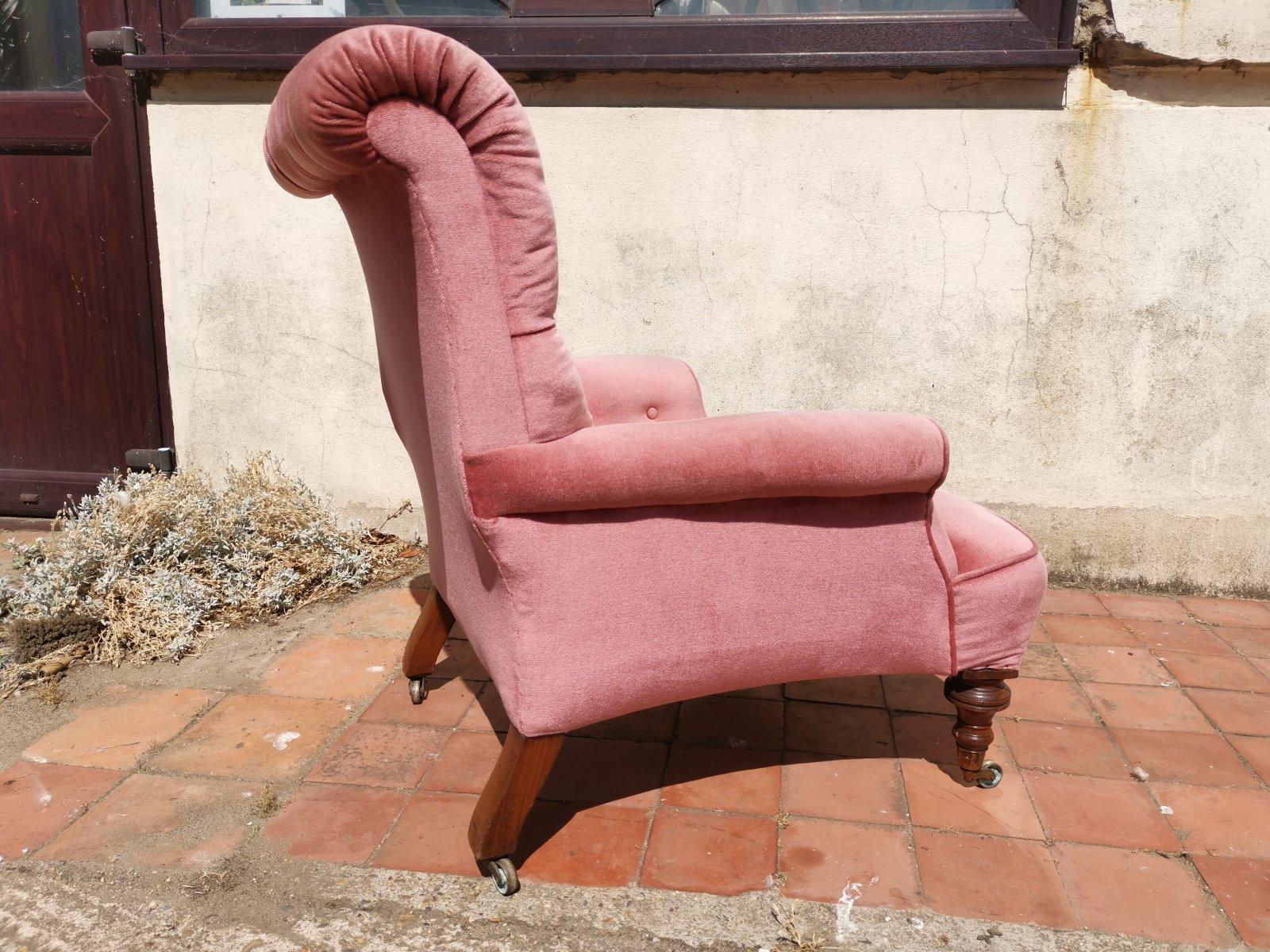 Gillows, English Victorian Pink Upholstered Button Back Fireside Armchair 1