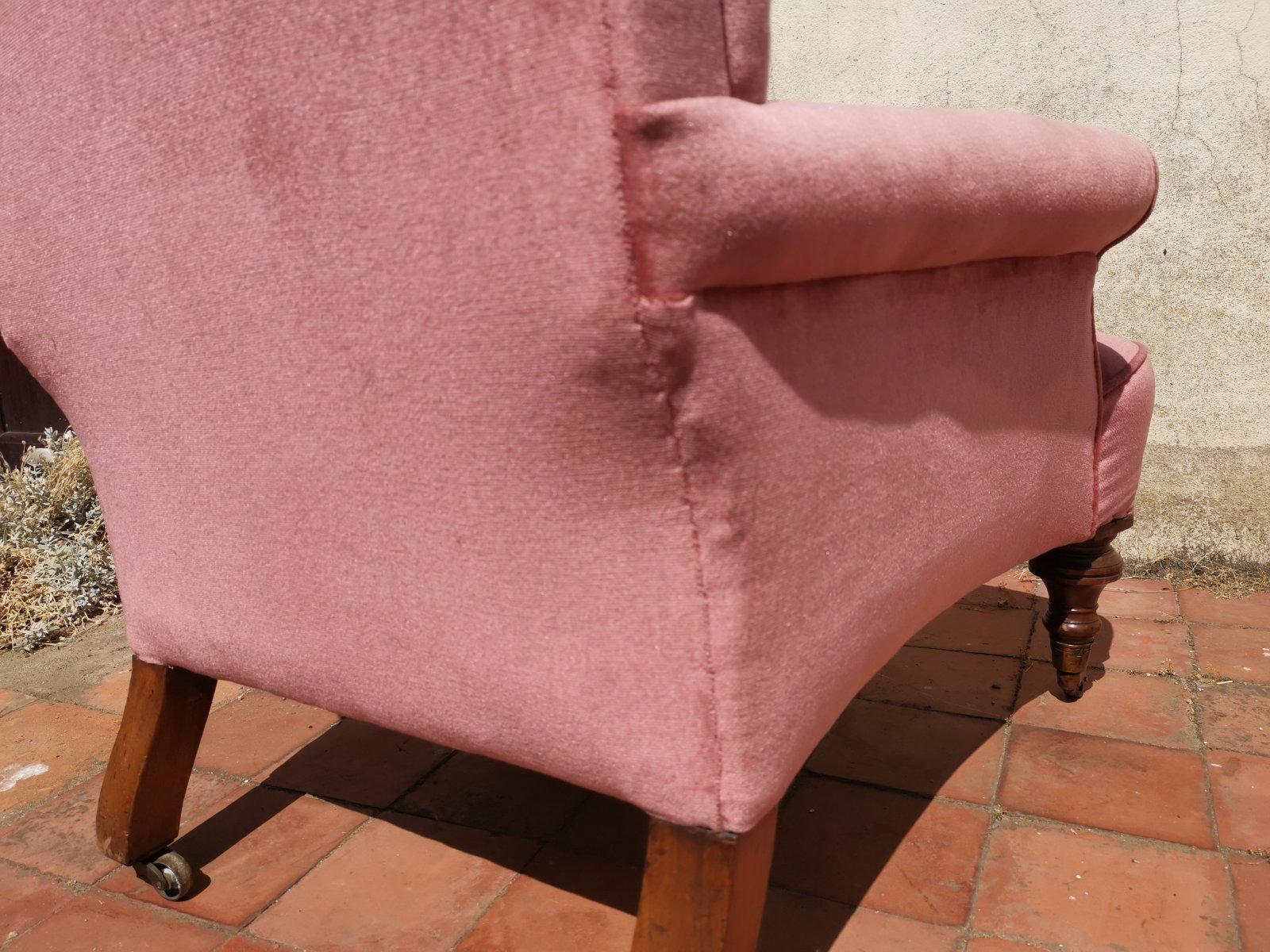Gillows, English Victorian Pink Upholstered Button Back Fireside Armchair 2