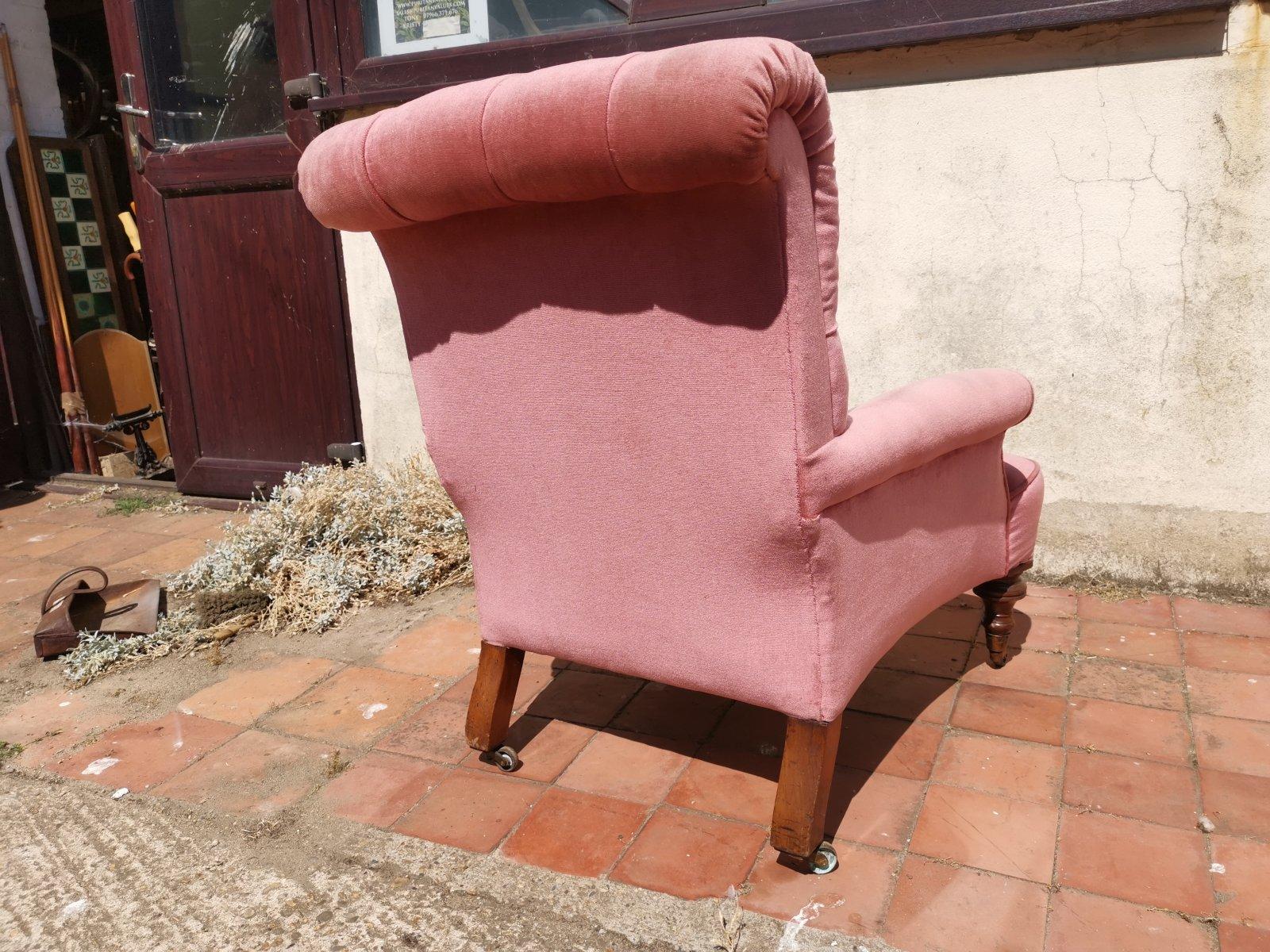 Gillows, English Victorian Pink Upholstered Button Back Fireside Armchair 3