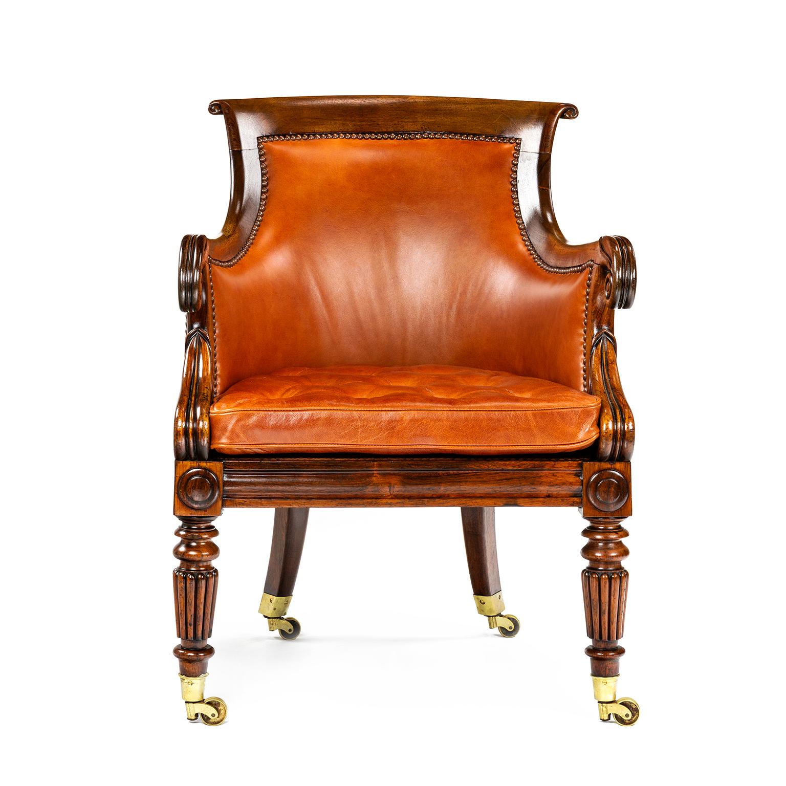 William IV bergère chair attributed to Gillows, the leather has recently been renewed and is in pristine condition.

Gillows of Lancaster and London, also known as Gillow & Co., was an English furniture making firm based in Lancaster, Lancashire,