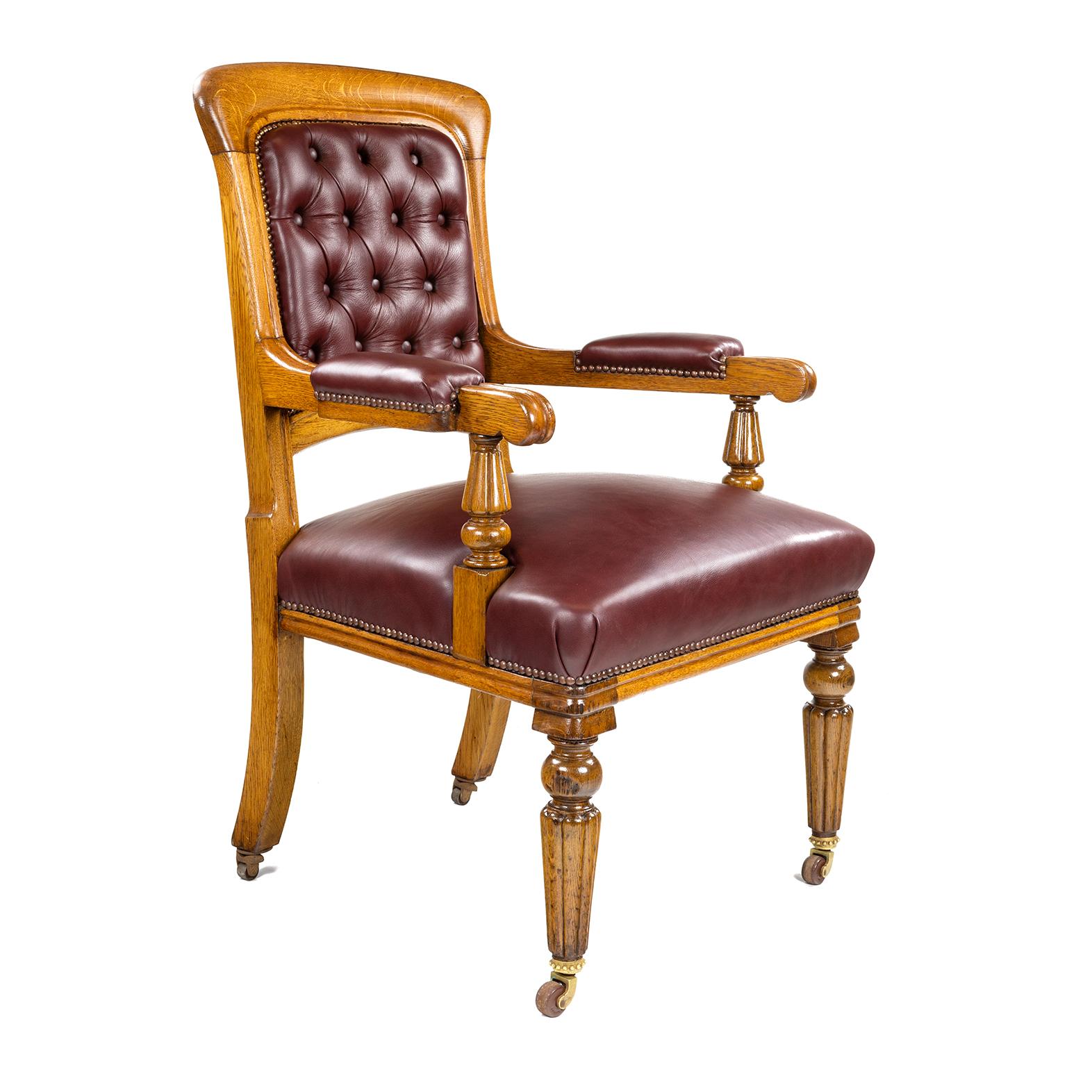Gillows oak town hall or ceremonial chair in maroon leather. This style of chair has been popular for over one hundred and fifty years.

Gillows of Lancaster and London, also known as Gillow & Co., was an English furniture making firm based in