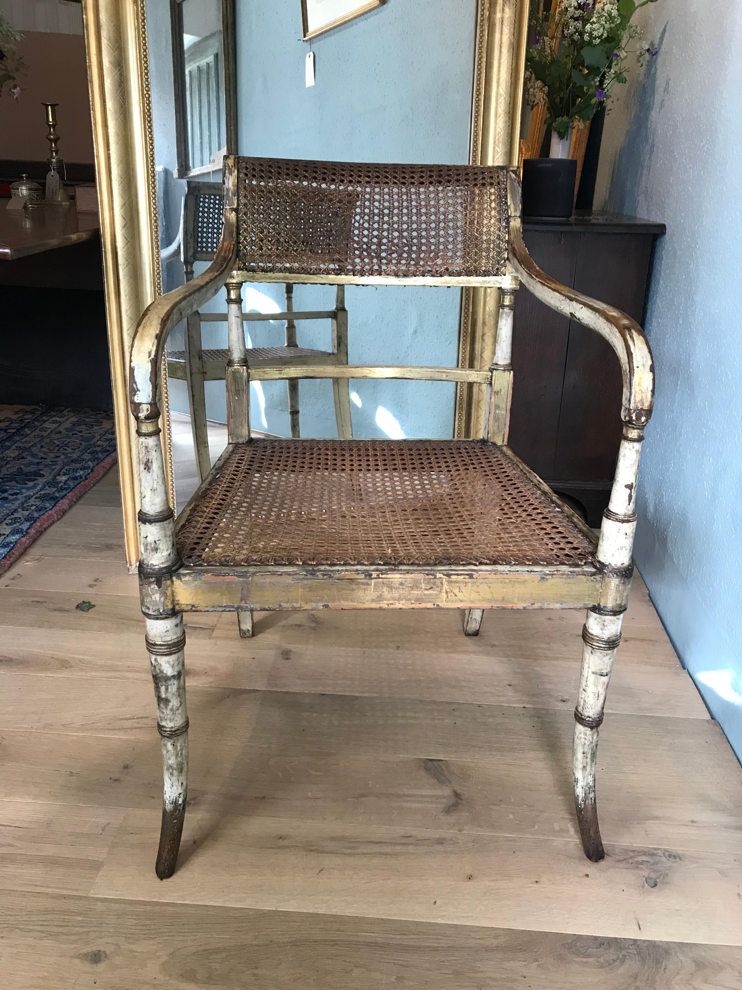 Gillows of Lancaster George 3rd Painted and Parcel Gilt Arm Chair In Fair Condition For Sale In Sherborne, GB