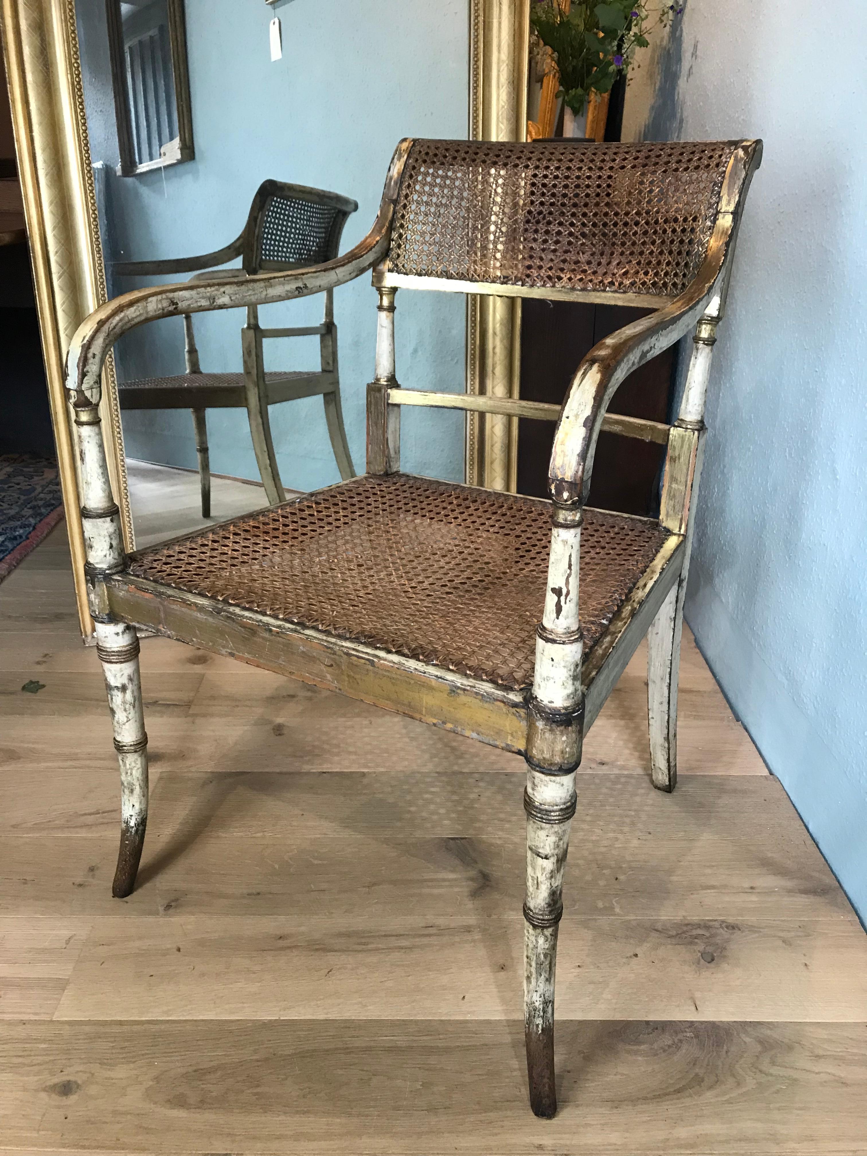 Cane Gillows of Lancaster George 3rd Painted and Parcel Gilt Arm Chair For Sale