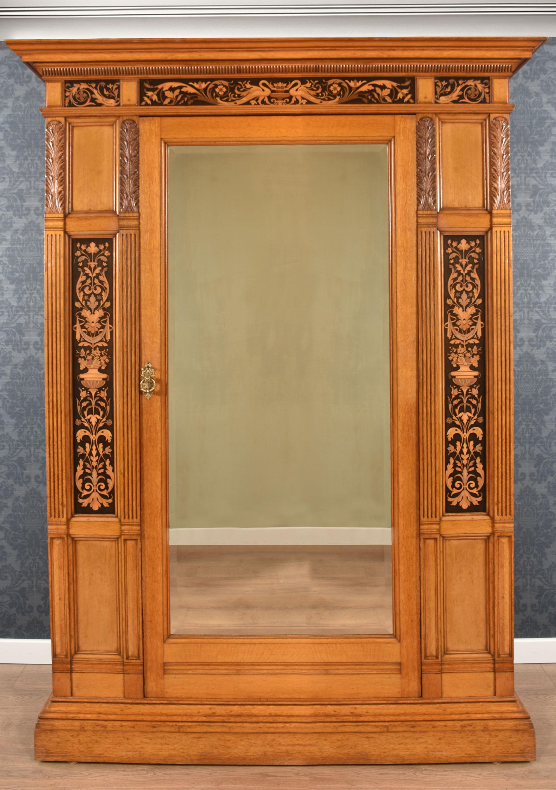 Gillows of Lancaster marquetry inlaid oak wardrobe For Sale 7