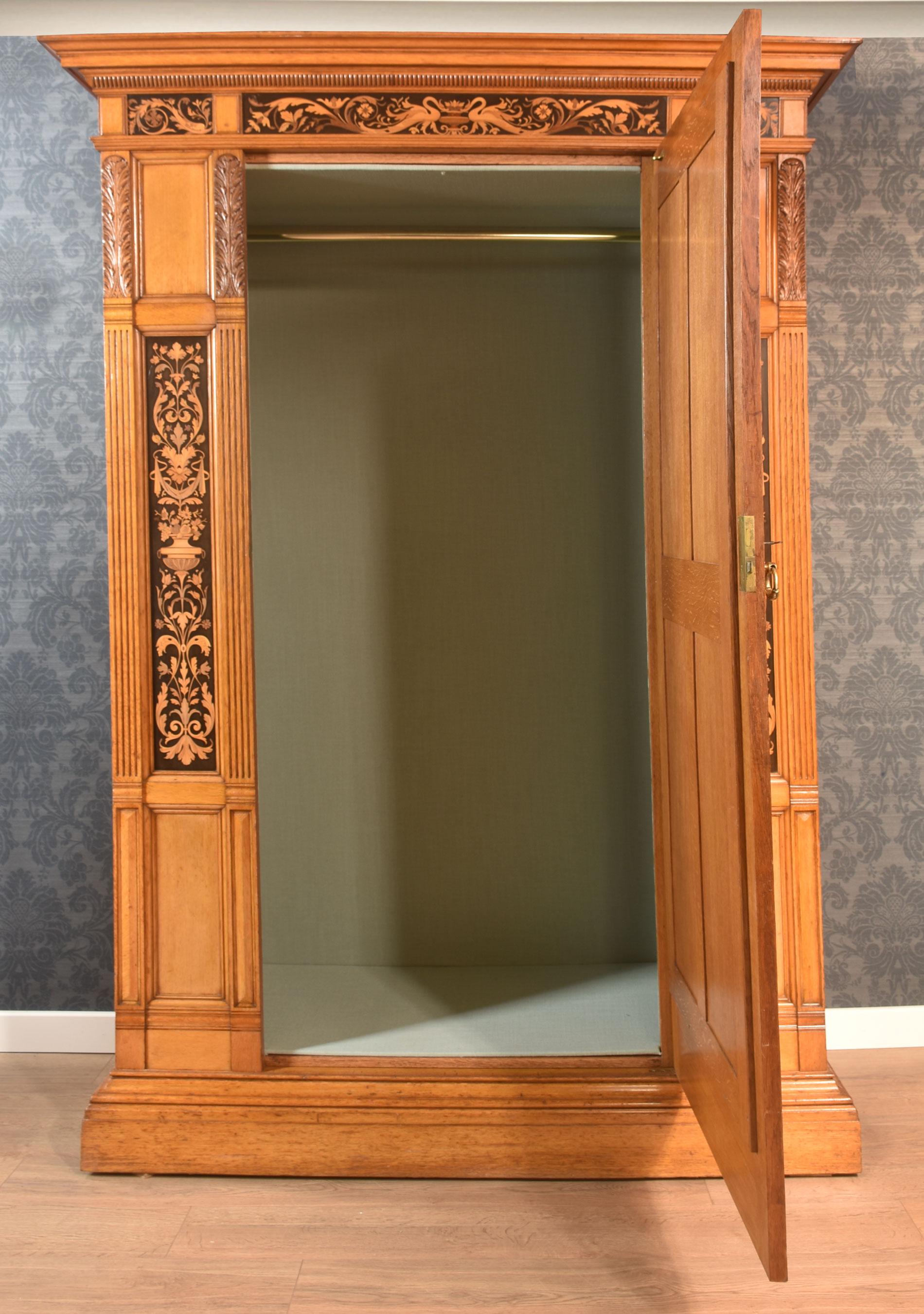 Gillows of Lancaster marquetry inlaid oak wardrobe For Sale 8