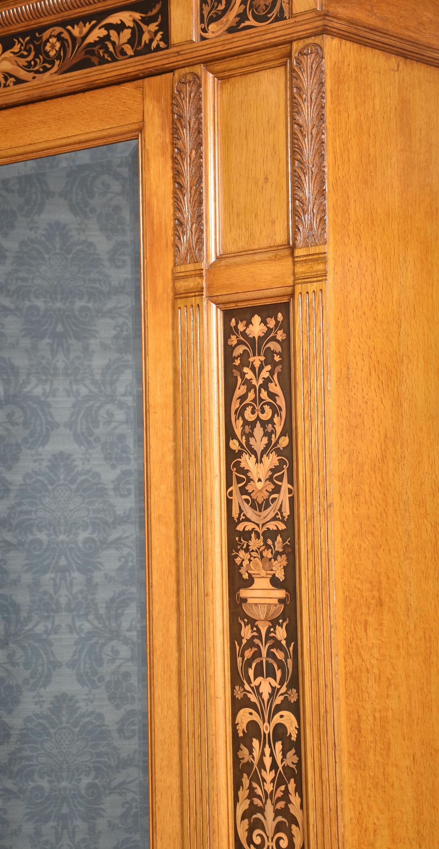British Gillows of Lancaster marquetry inlaid oak wardrobe For Sale
