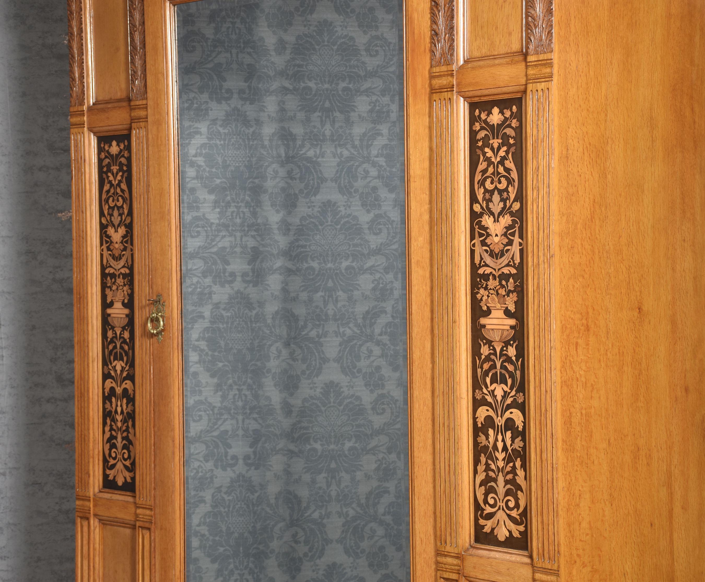 19th Century Gillows of Lancaster marquetry inlaid oak wardrobe For Sale