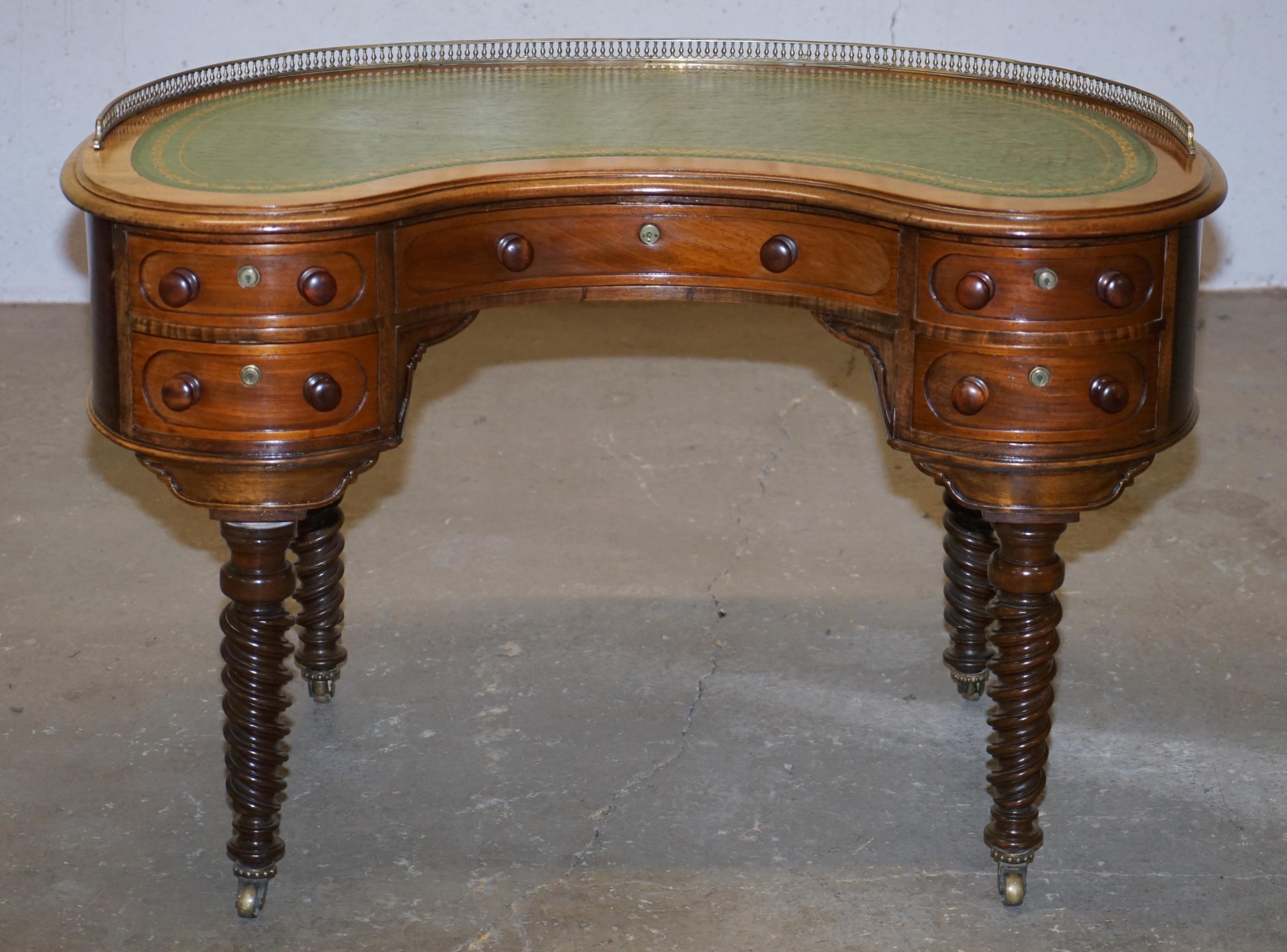 We are delighted to offer for sale this stunning and exceptionally rare Gillow's of Lancaster circa 1815 Military Campaign Kidney desk with brass gallery rail and removable barley twist legs 

An exceptionally rare example of a High Victorian