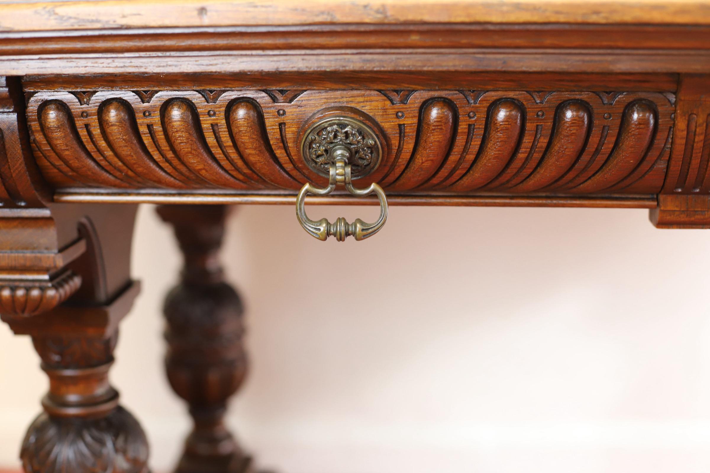 Brass Gillows Of Lancaster Superb  Victorian Carved Oak Library Table For Sale