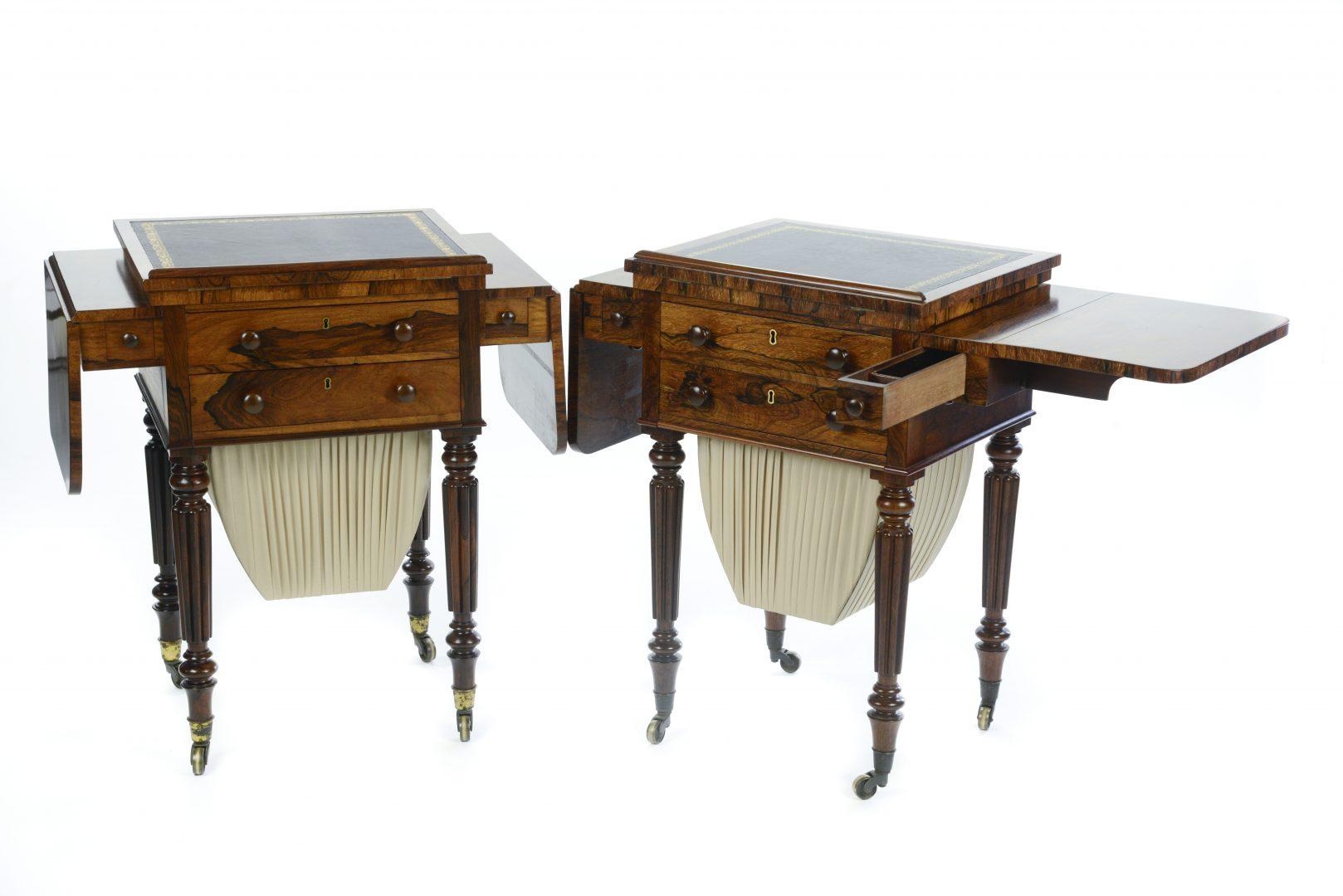 Gillows, a matched pair of William IV rosewood drop leaf work tables, one signed Gillow, each with a writing slope that slides forward to facilitate its use as a desk, also fitted with a pen draw. Each fitted with two draws and removable sewing