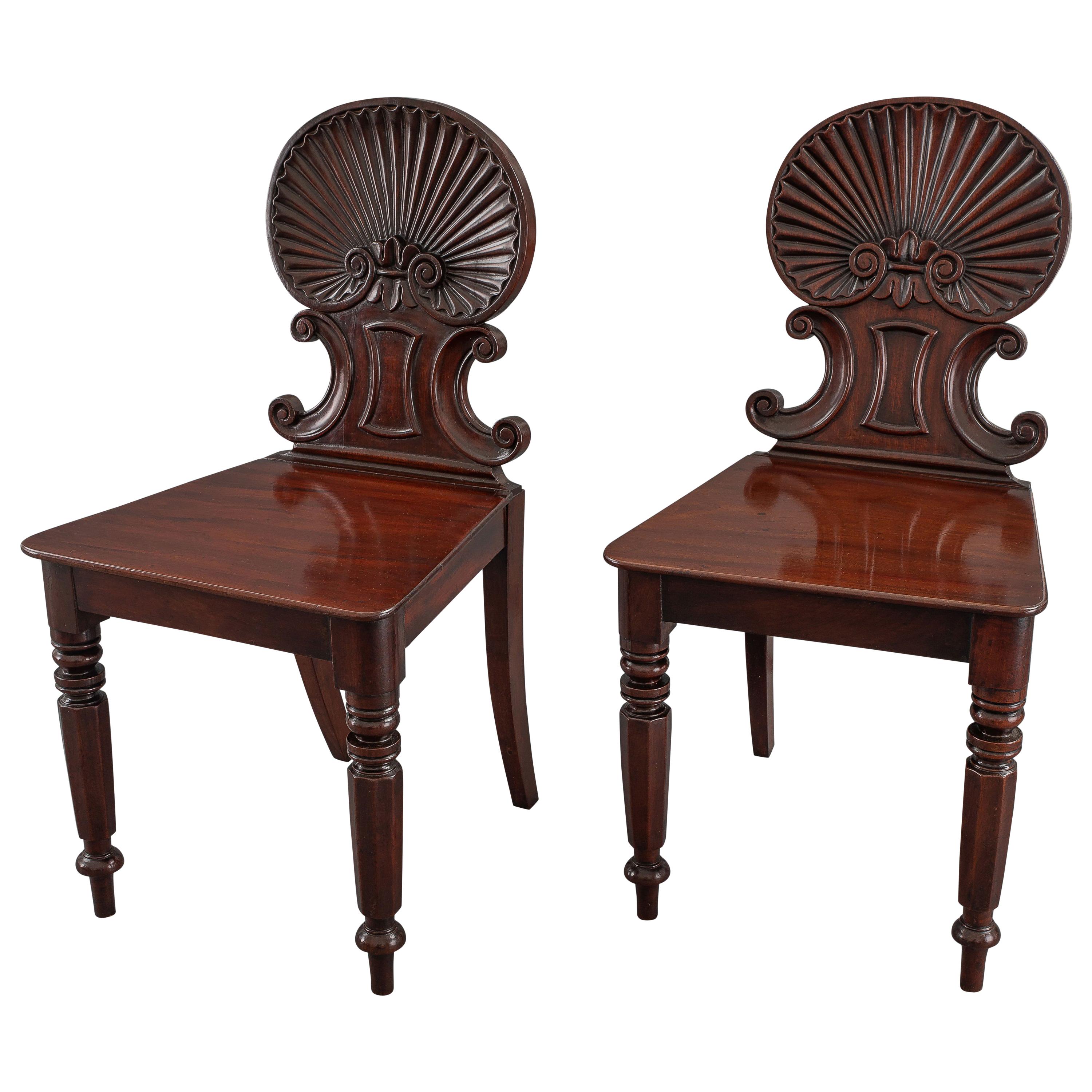 Gillows, Pair of Regency Shell Back Hall Chairs For Sale