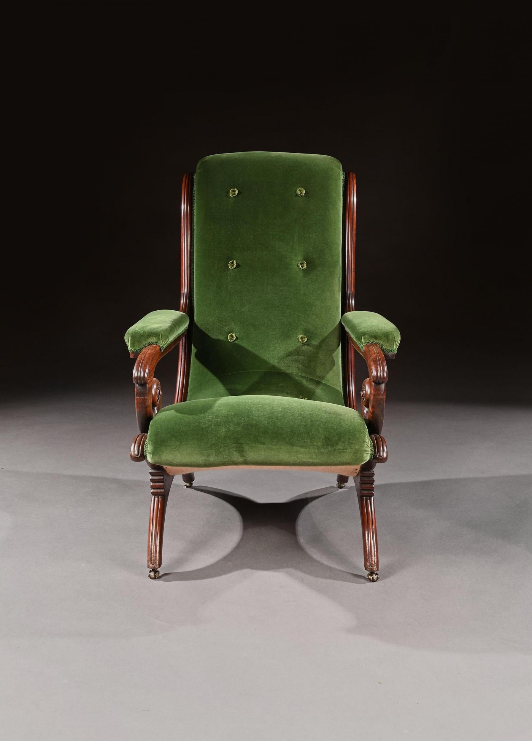 An elegant Regency mahogany and green velvet upholstered ‘Spanish’ armchair by Gillows.



English Circa 1825.



Of scrolled form, recently upholstered in a green velvet within a moulded frame, having conforming velvet covering to the