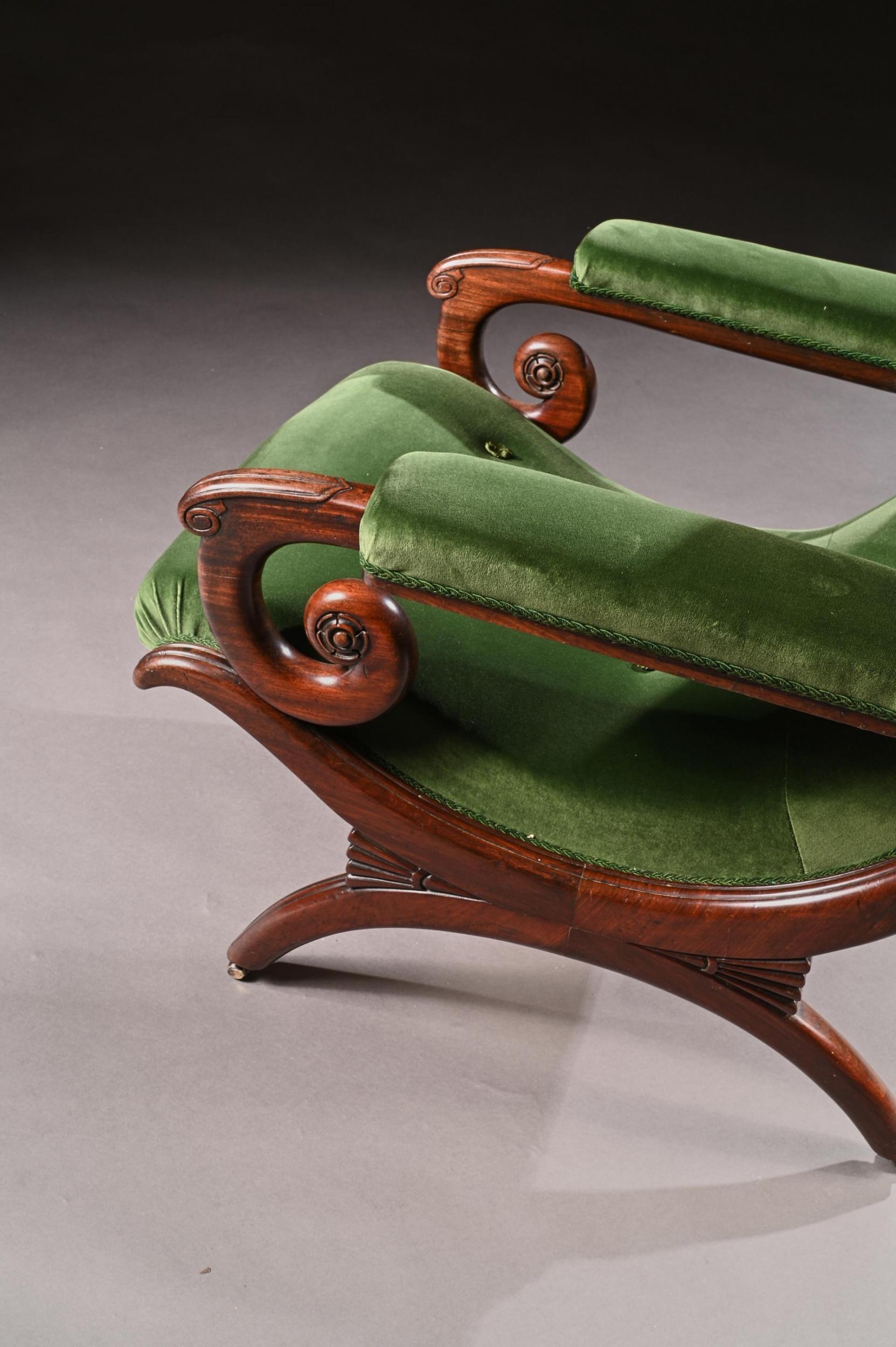 Gillows Regency Mahogany and Green Velvet Spanish Armchair. 1