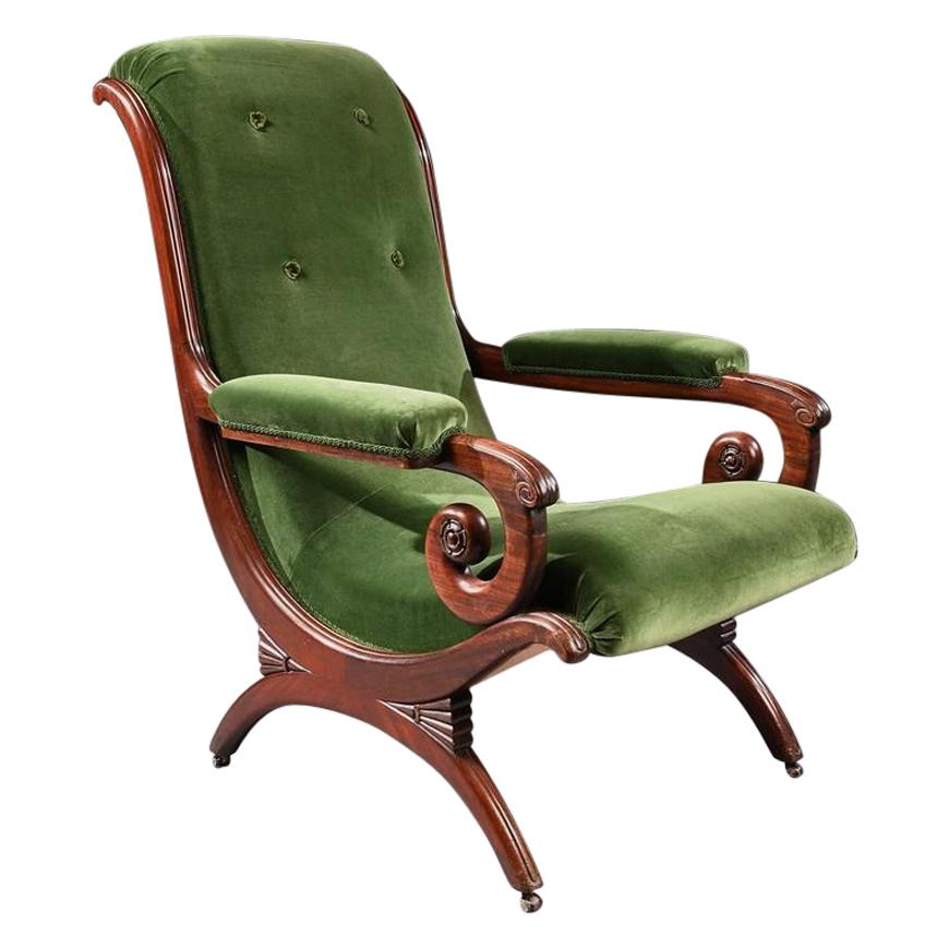 Gillows Regency Mahogany and Green Velvet Spanish Armchair.