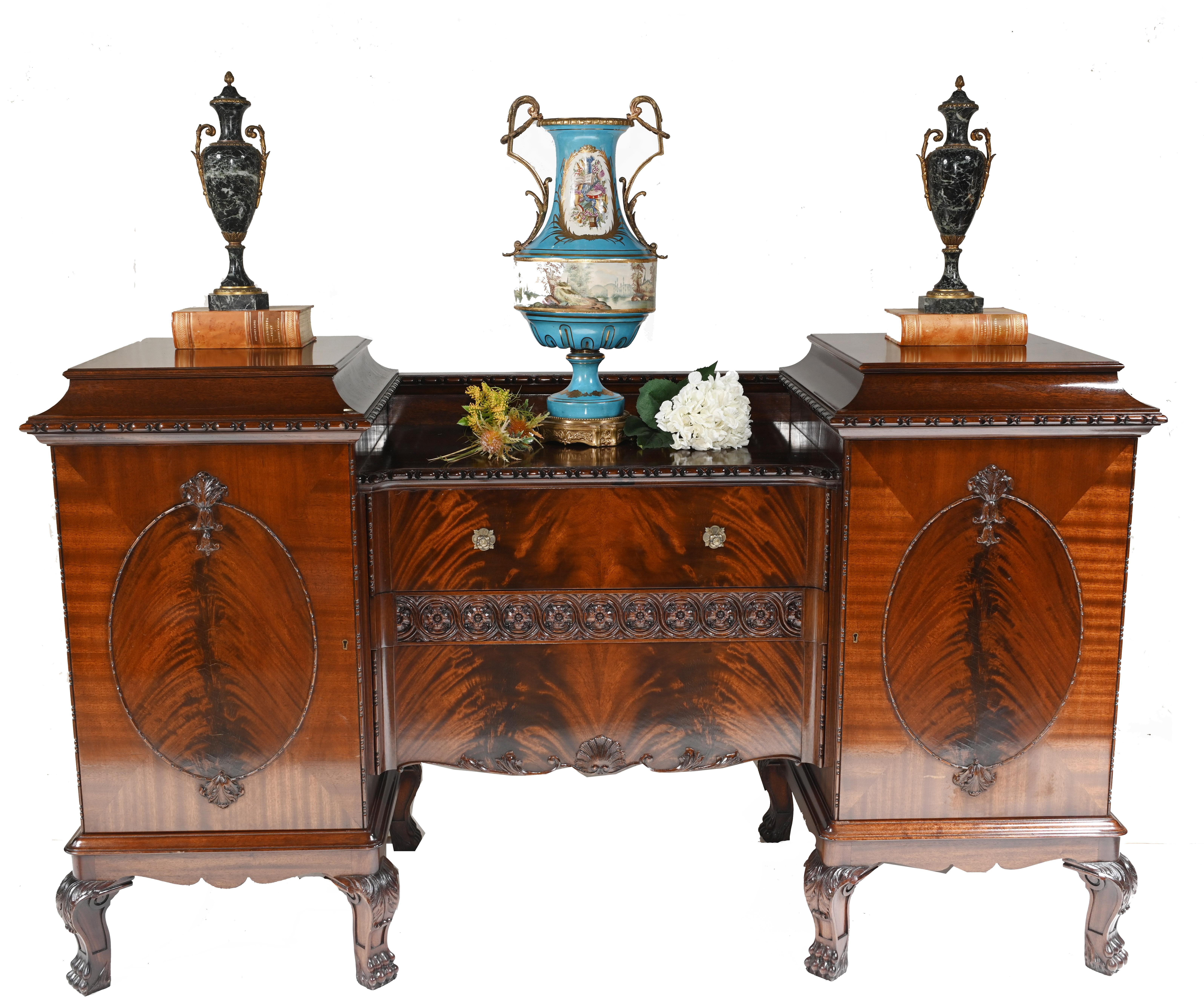 Wonderful antique sideboard in the Gillows manner
We date this piece to circa 1880 
Fine piece of furniture and lots of storage
Original knife drawer with green lining 
Hand carved motifs on all surfaces
Some of our items are in storage so