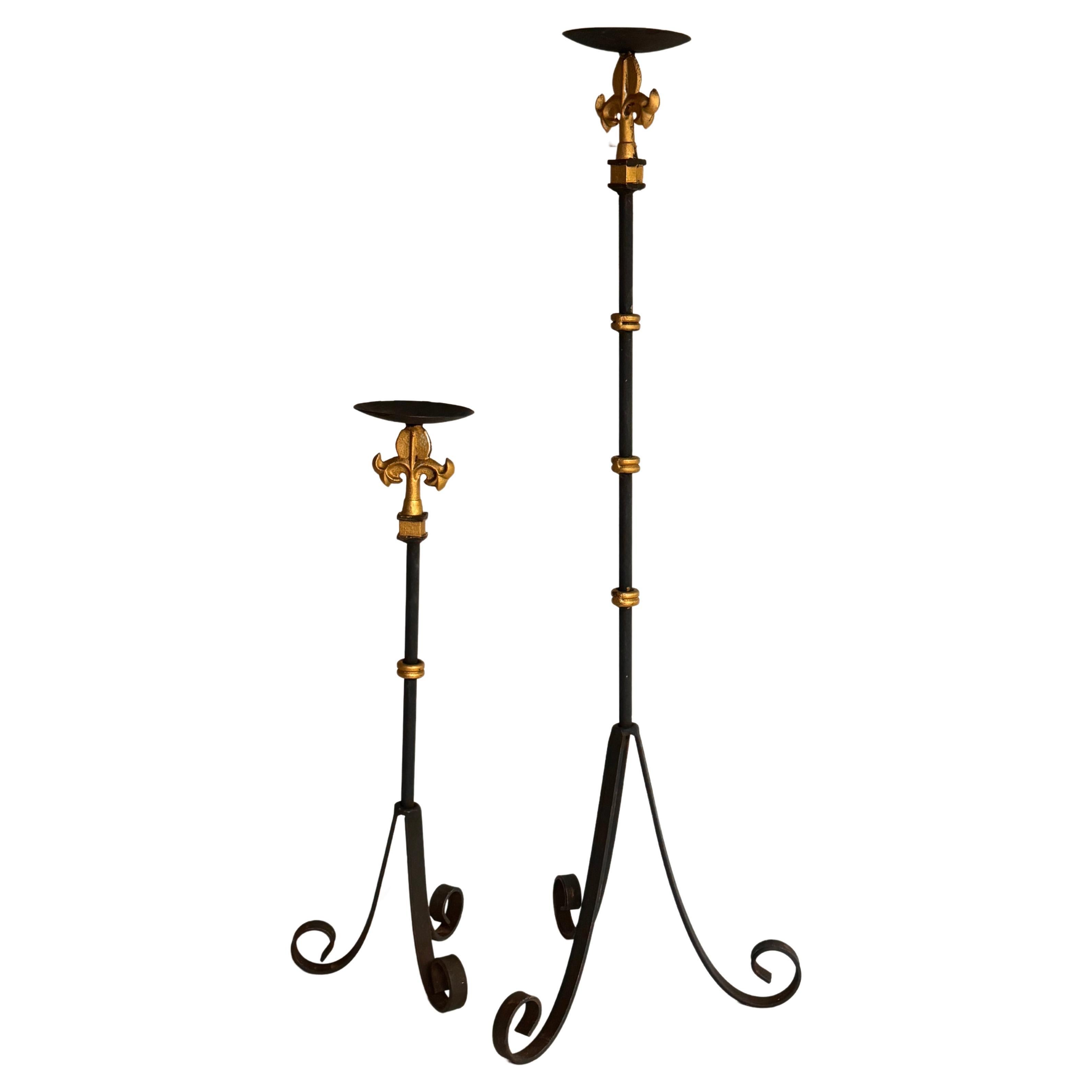 Baroque Revival Gillt Iron Candle Holders or Candlesticks Black and Gold  France 1970 Set of 2 For Sale