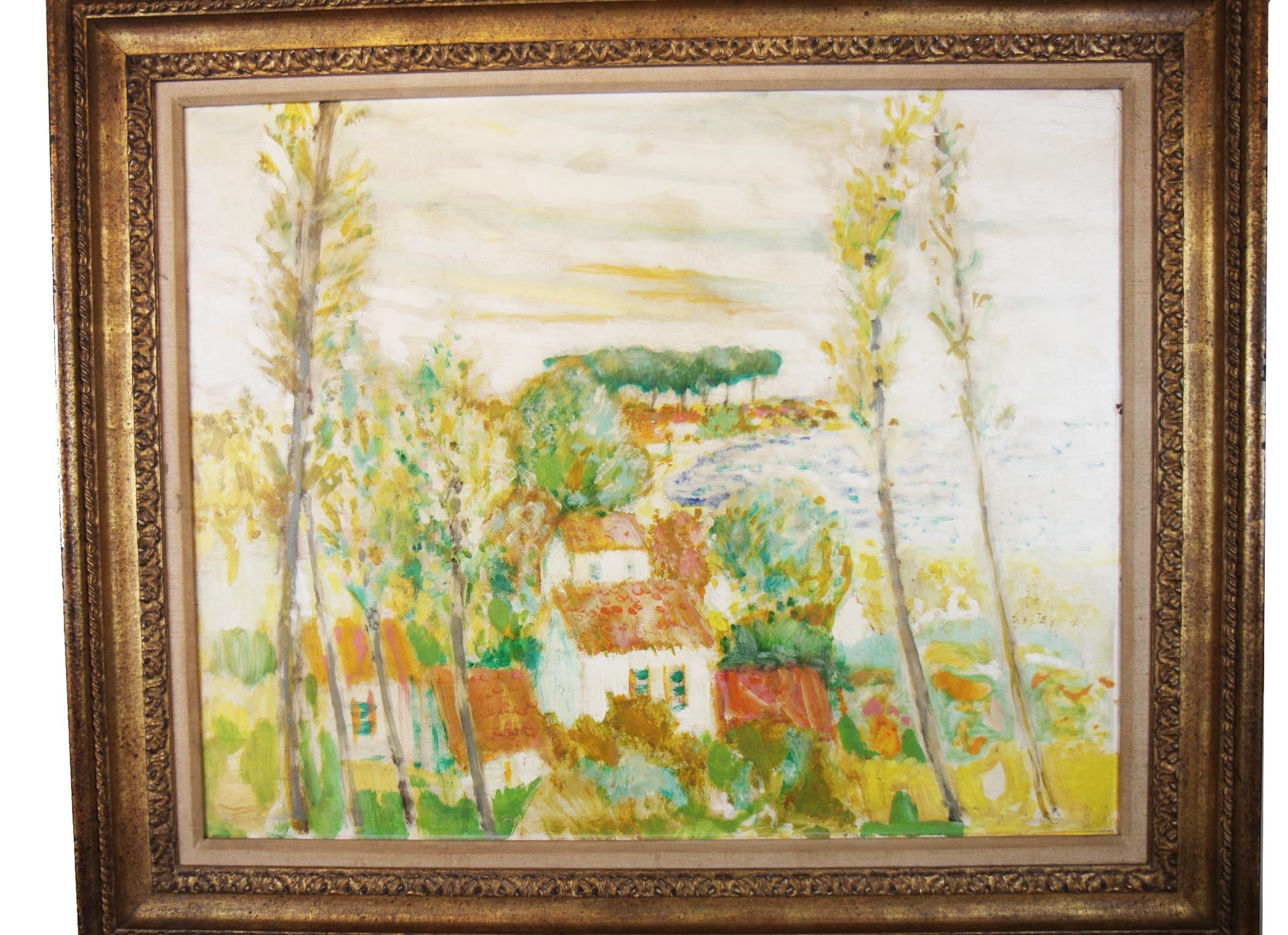 Gilmour signed impressionist landscape in greens, orange and yellows. Unframed dimensions: 31.5