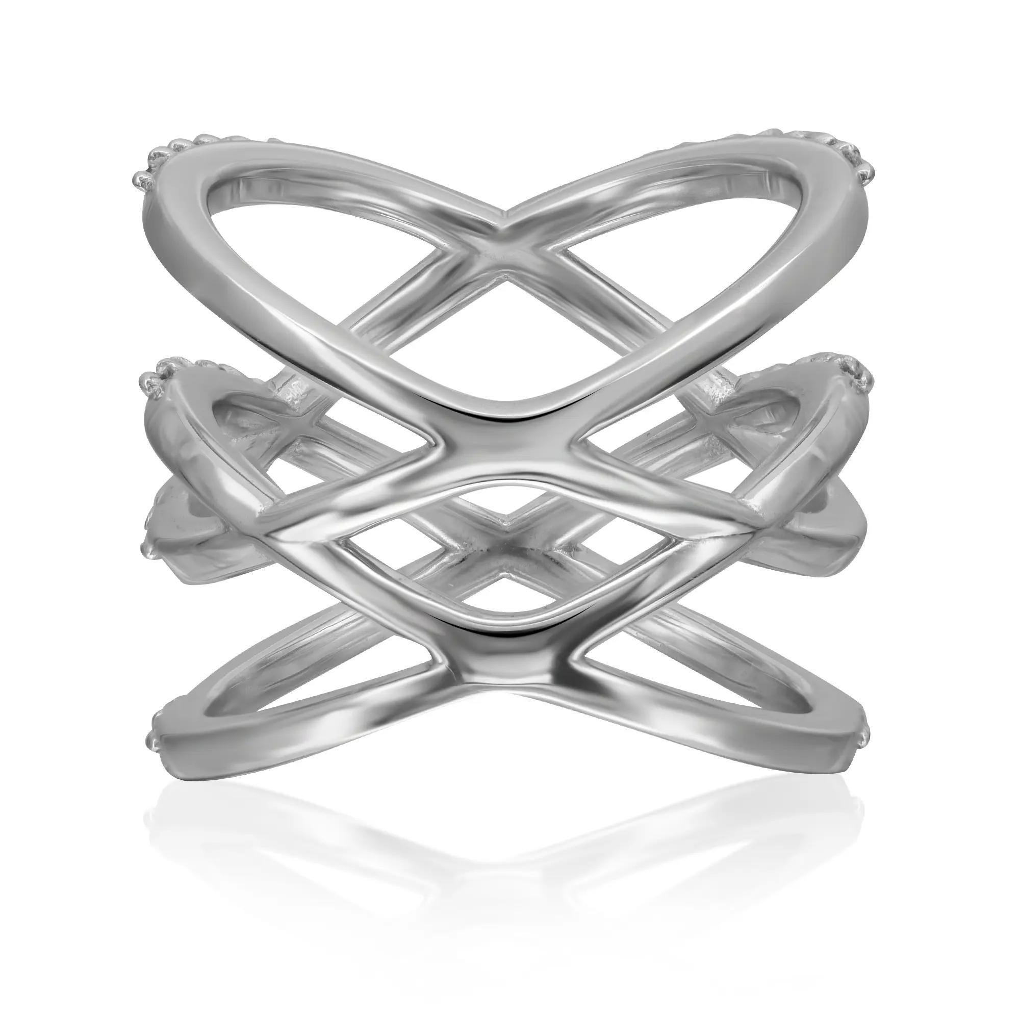 Moderne Bague à anneau croisé en or blanc 18 carats avec diamants ronds de 0,64 ct. pt. Taille 6 en vente
