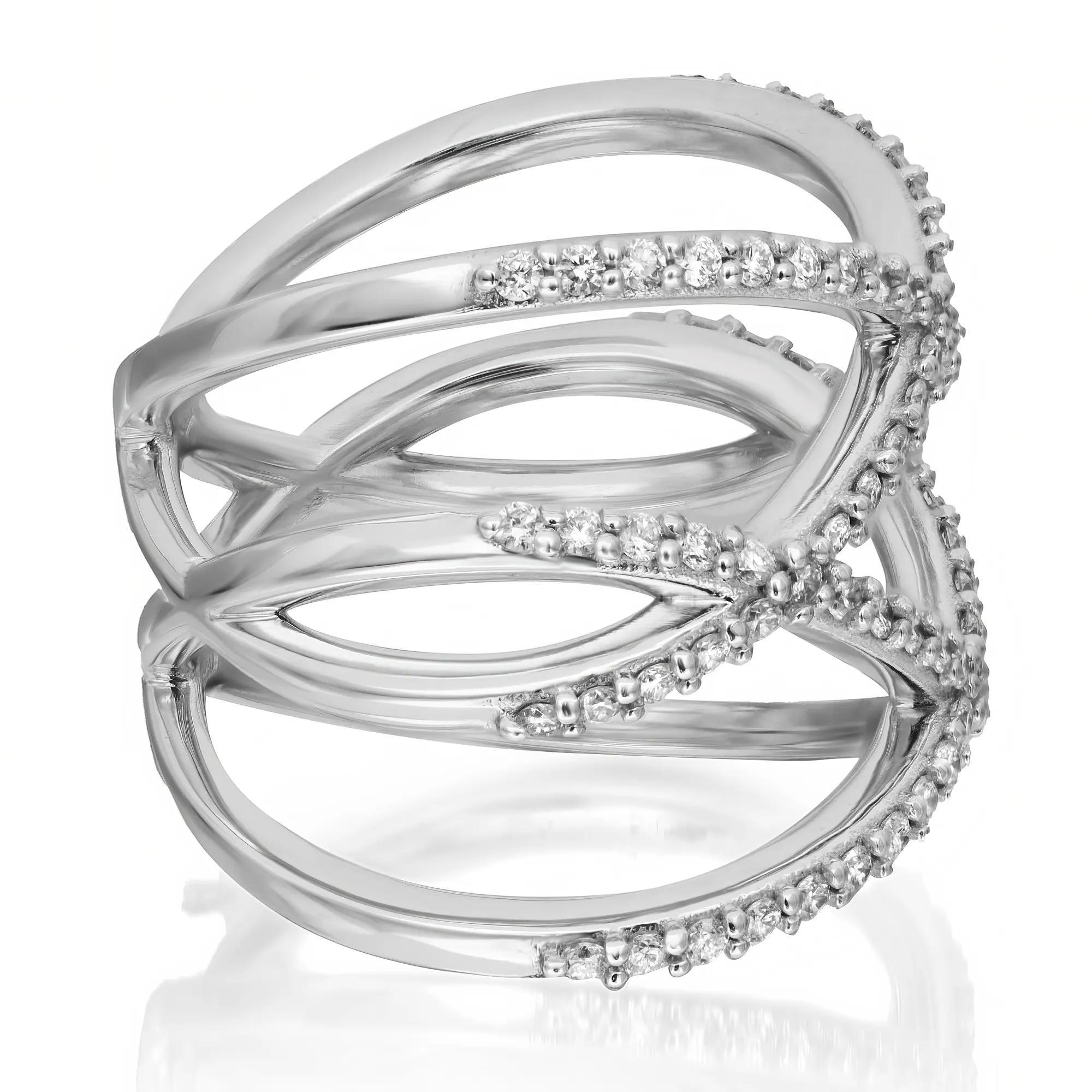 Taille ronde Bague à anneau croisé en or blanc 18 carats avec diamants ronds de 0,64 ct. pt. Taille 6 en vente