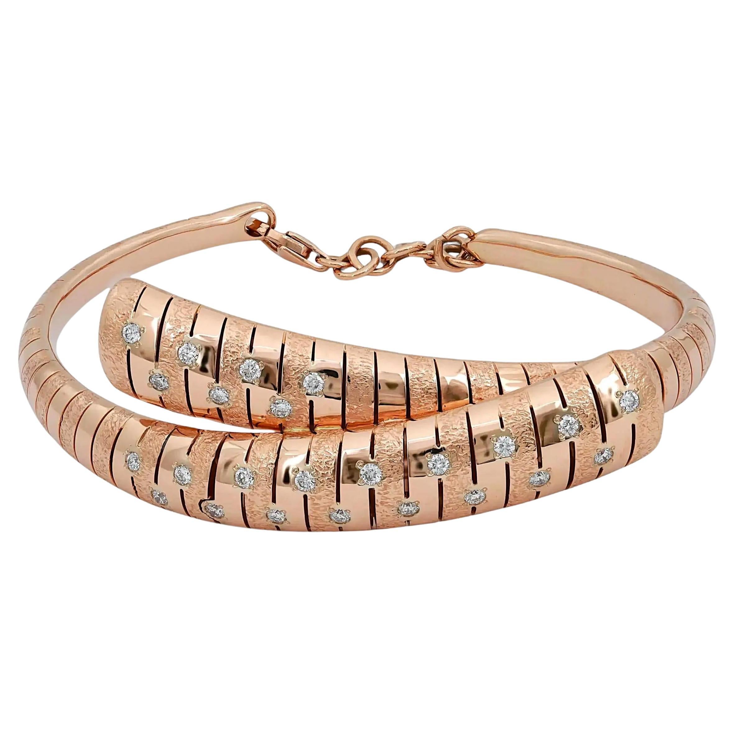 Giloro Round Diamond Spiral Bangle Bracelet 18K Rose Gold 0.44Ctw For Sale