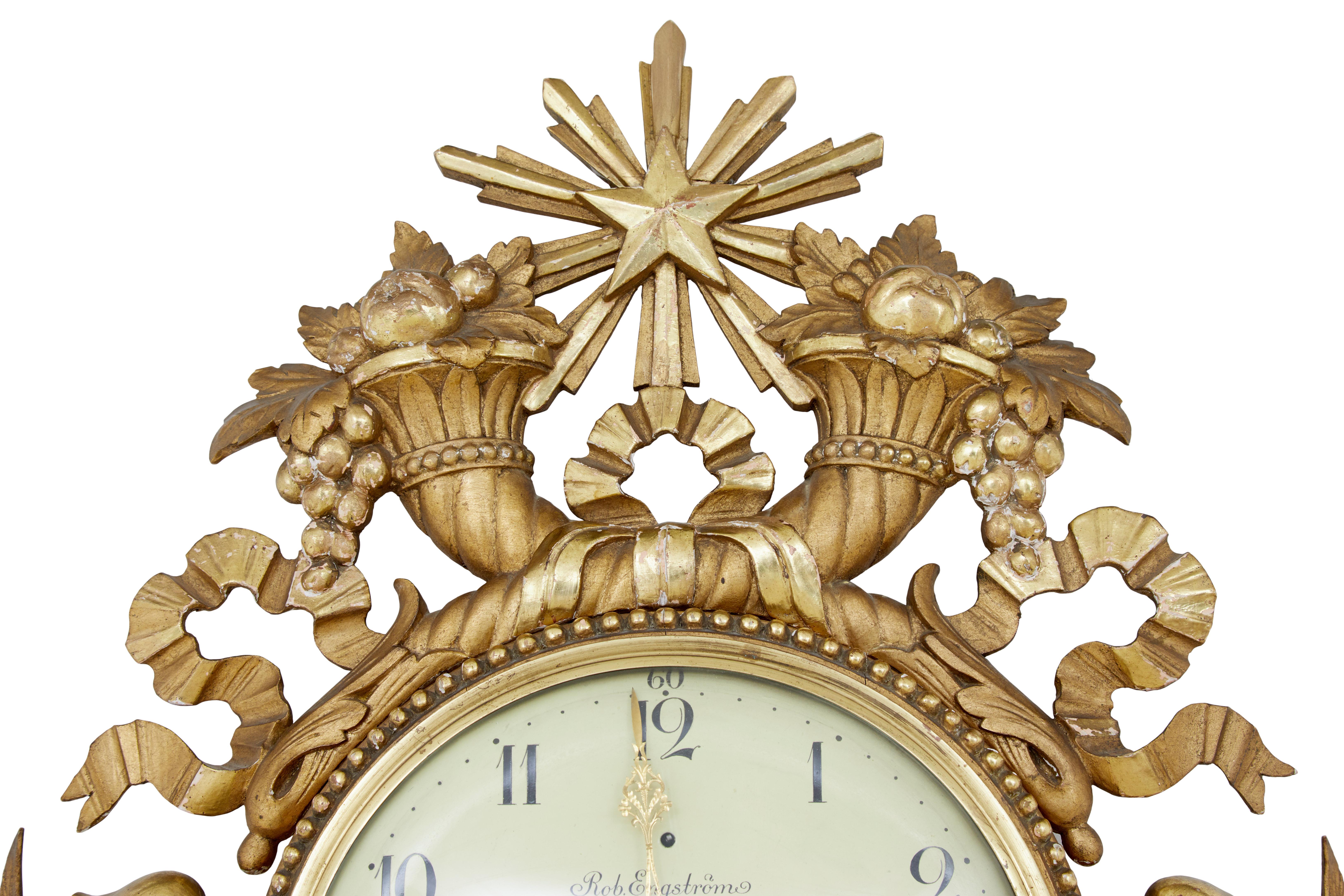 Neoclassical Gilt 19th century Swedish wall clock by Engstrom