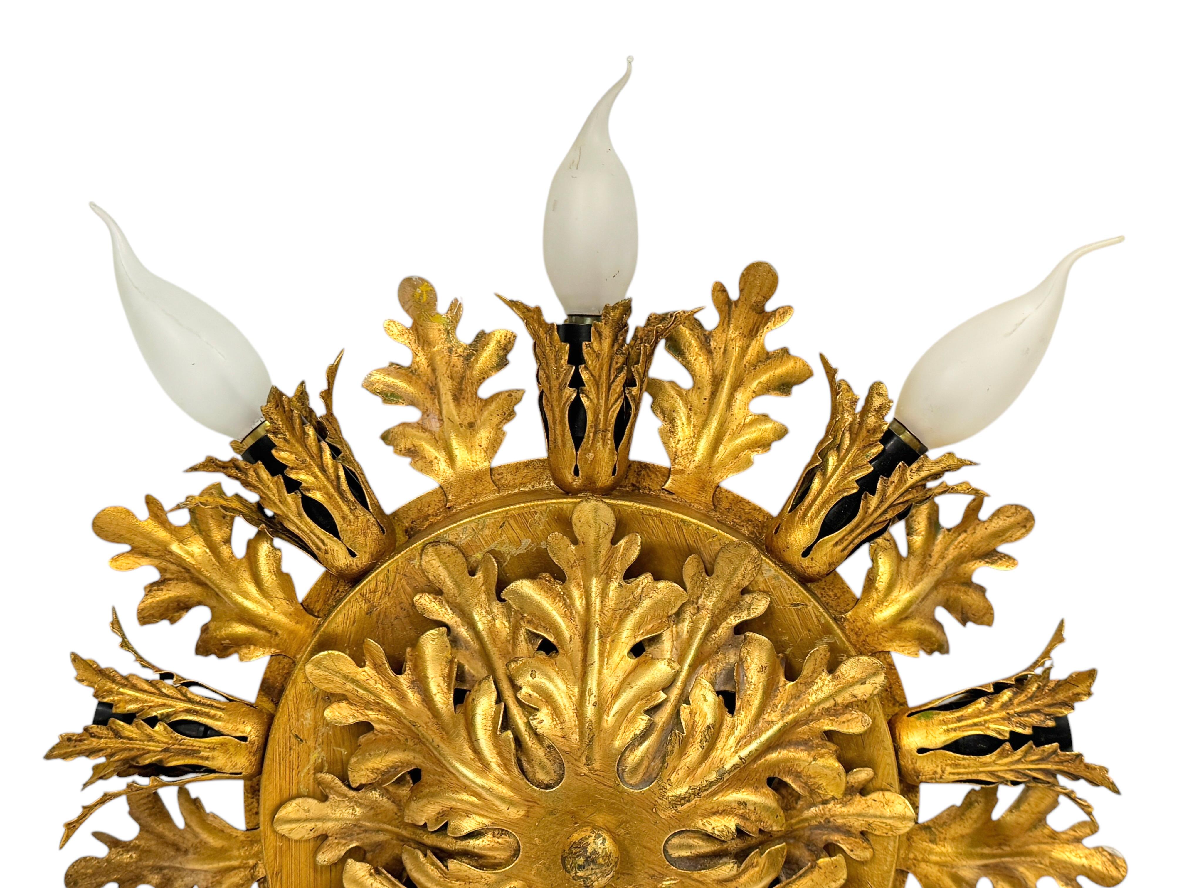 Gilt Acanthus Leafs 9 Light Tole Hollywood Regency Flush Mount, Banci Italy For Sale 5